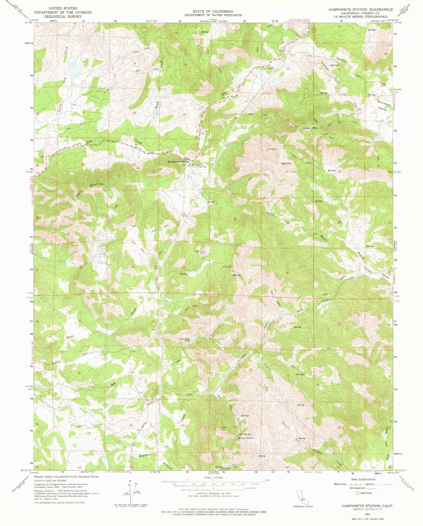 Classic USGS Humphreys Station California 7.5'x7.5' Topo Map Image