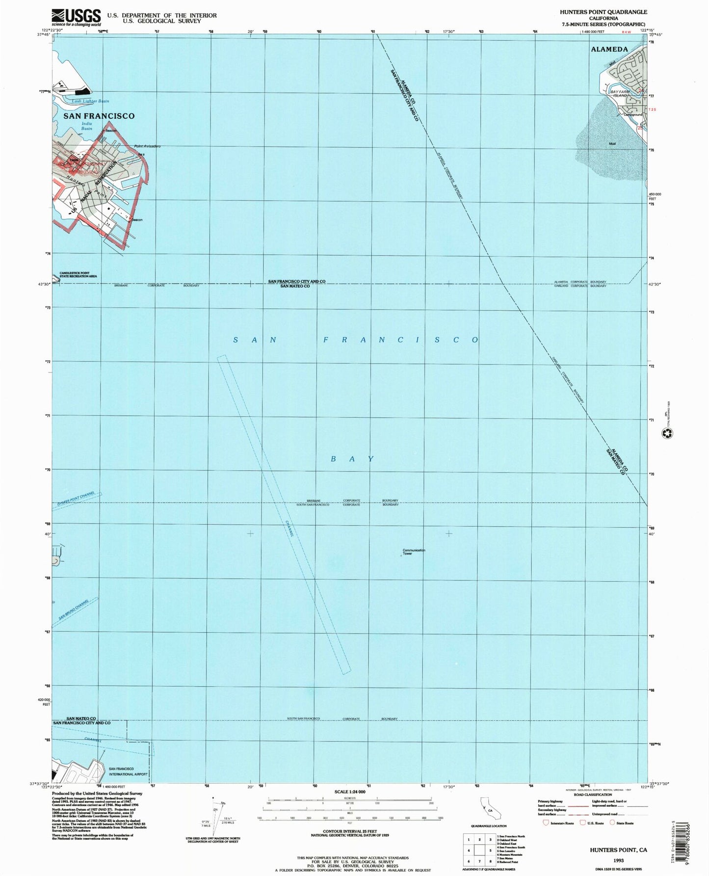 Classic USGS Hunters Point California 7.5'x7.5' Topo Map Image