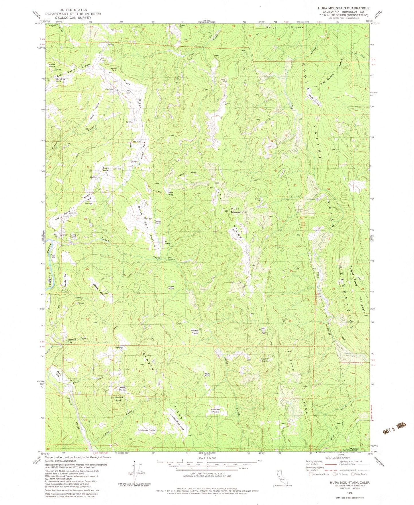Classic USGS Hupa Mountain California 7.5'x7.5' Topo Map Image