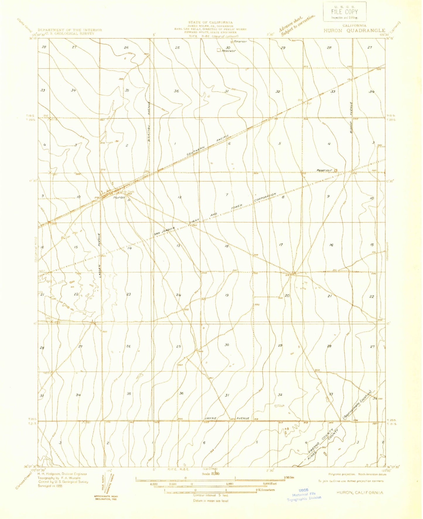 Classic USGS Huron California 7.5'x7.5' Topo Map Image