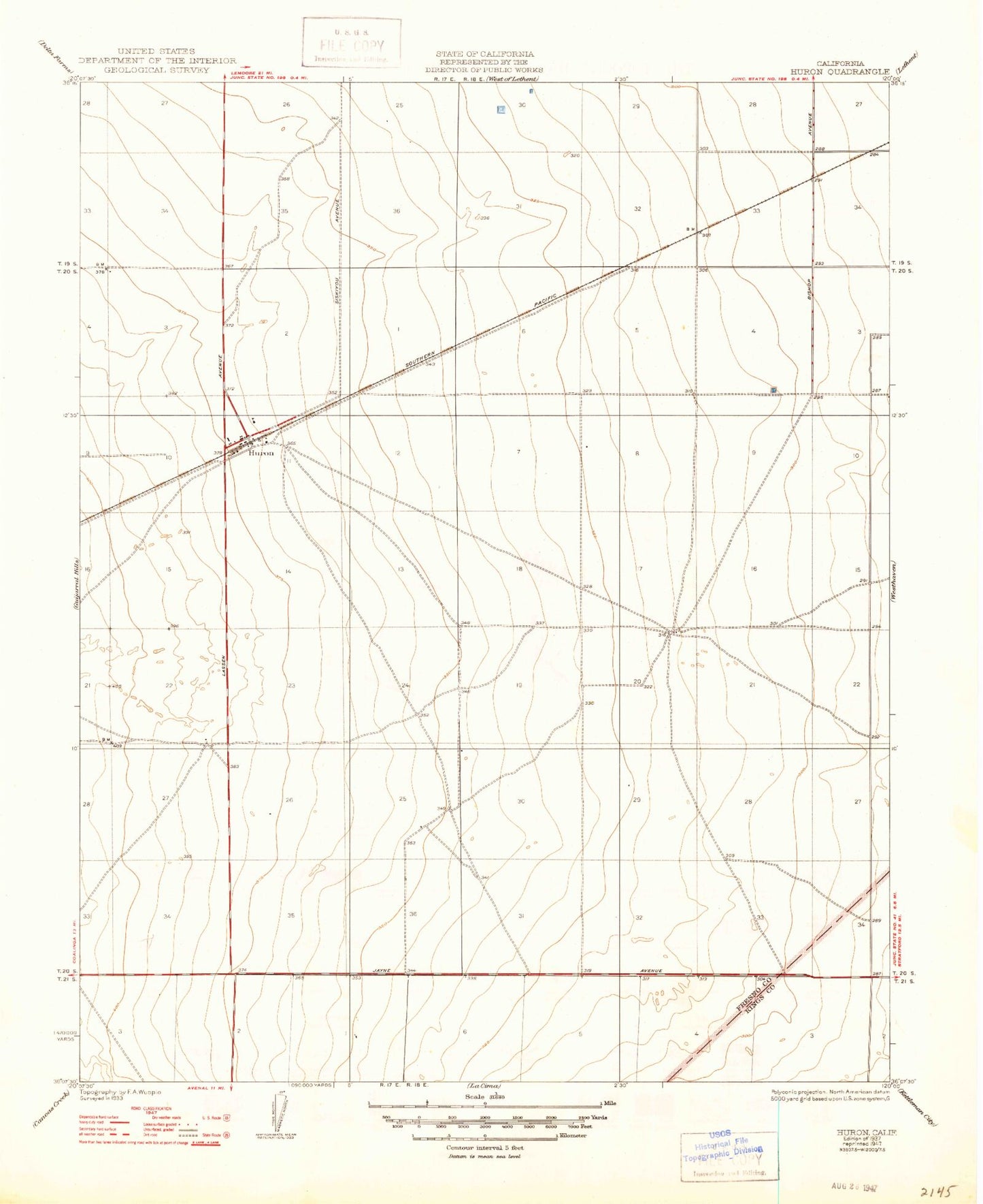 Classic USGS Huron California 7.5'x7.5' Topo Map Image