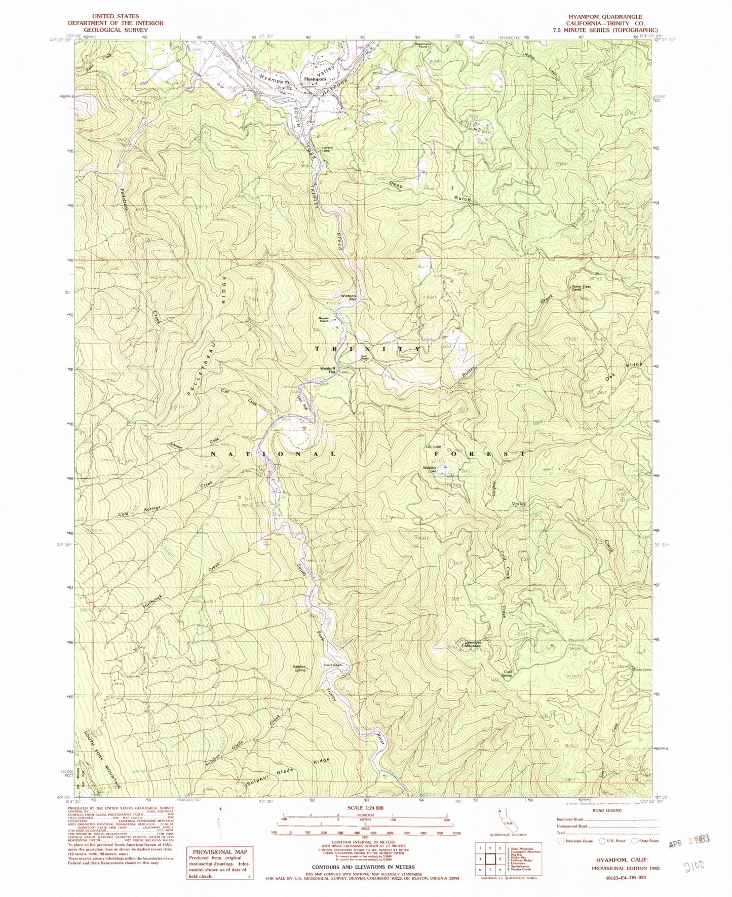 Classic USGS Hyampom California 7.5'x7.5' Topo Map Image