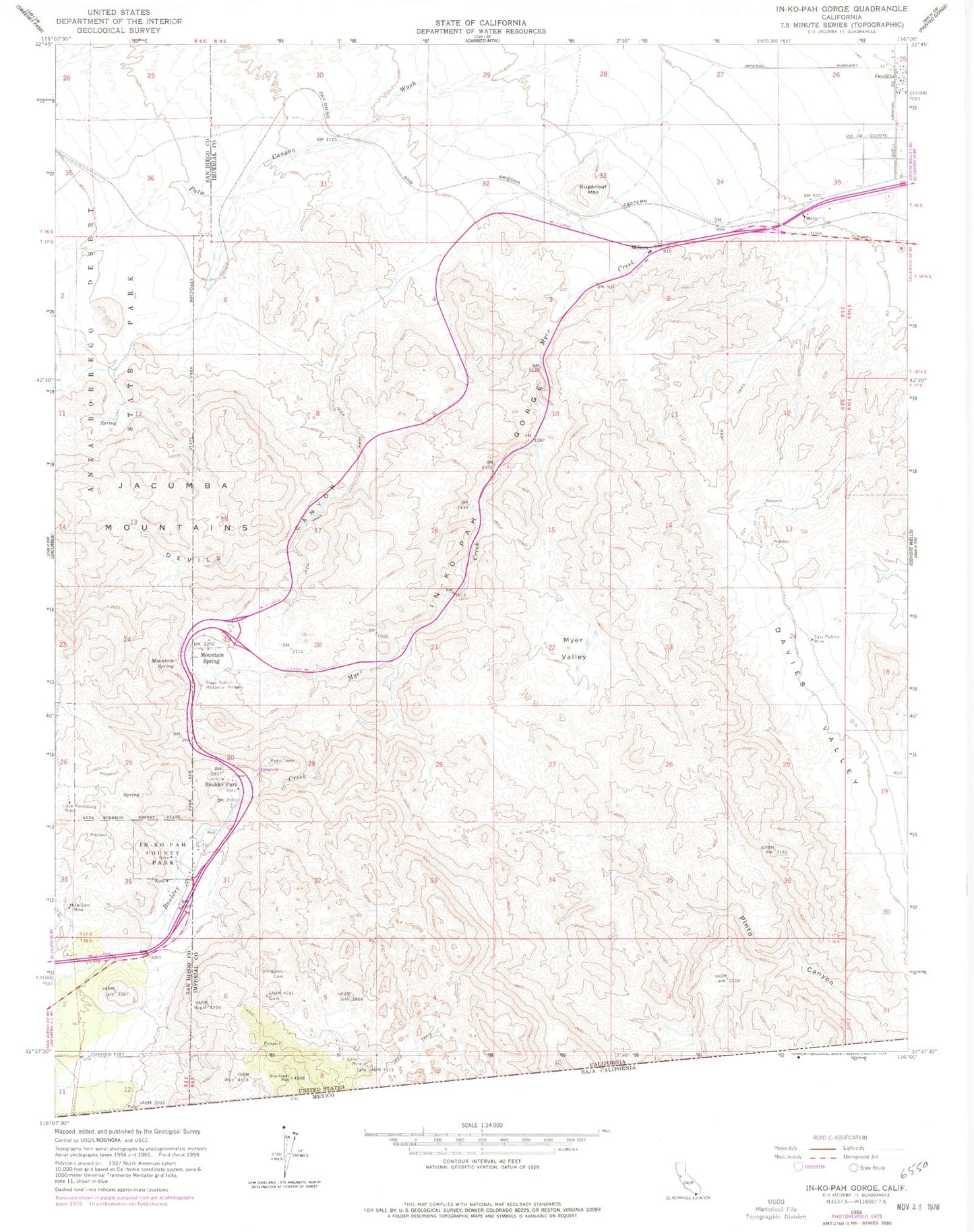 Classic USGS In-Ko-Pah Gorge California 7.5'x7.5' Topo Map Image