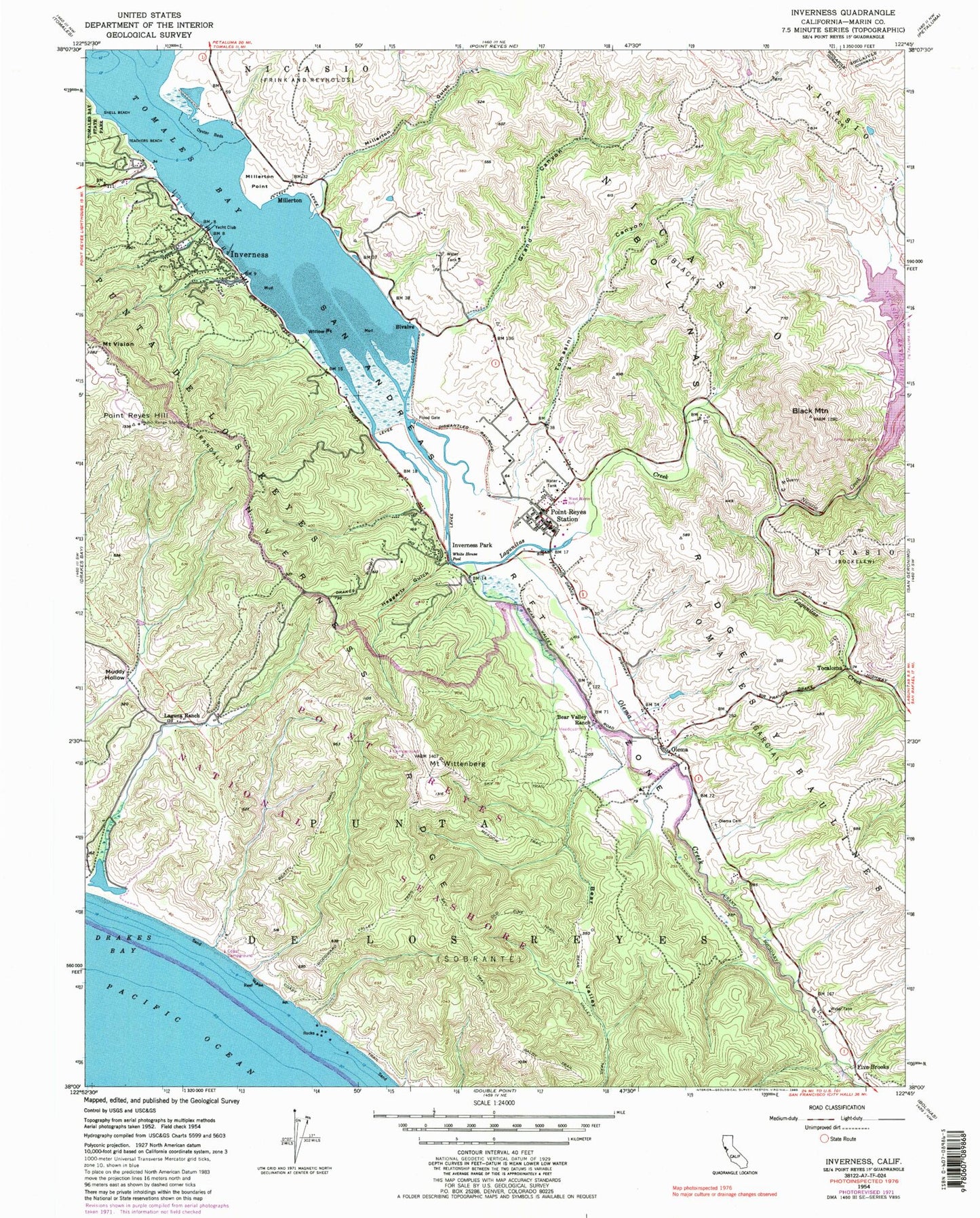 Classic USGS Inverness California 7.5'x7.5' Topo Map Image