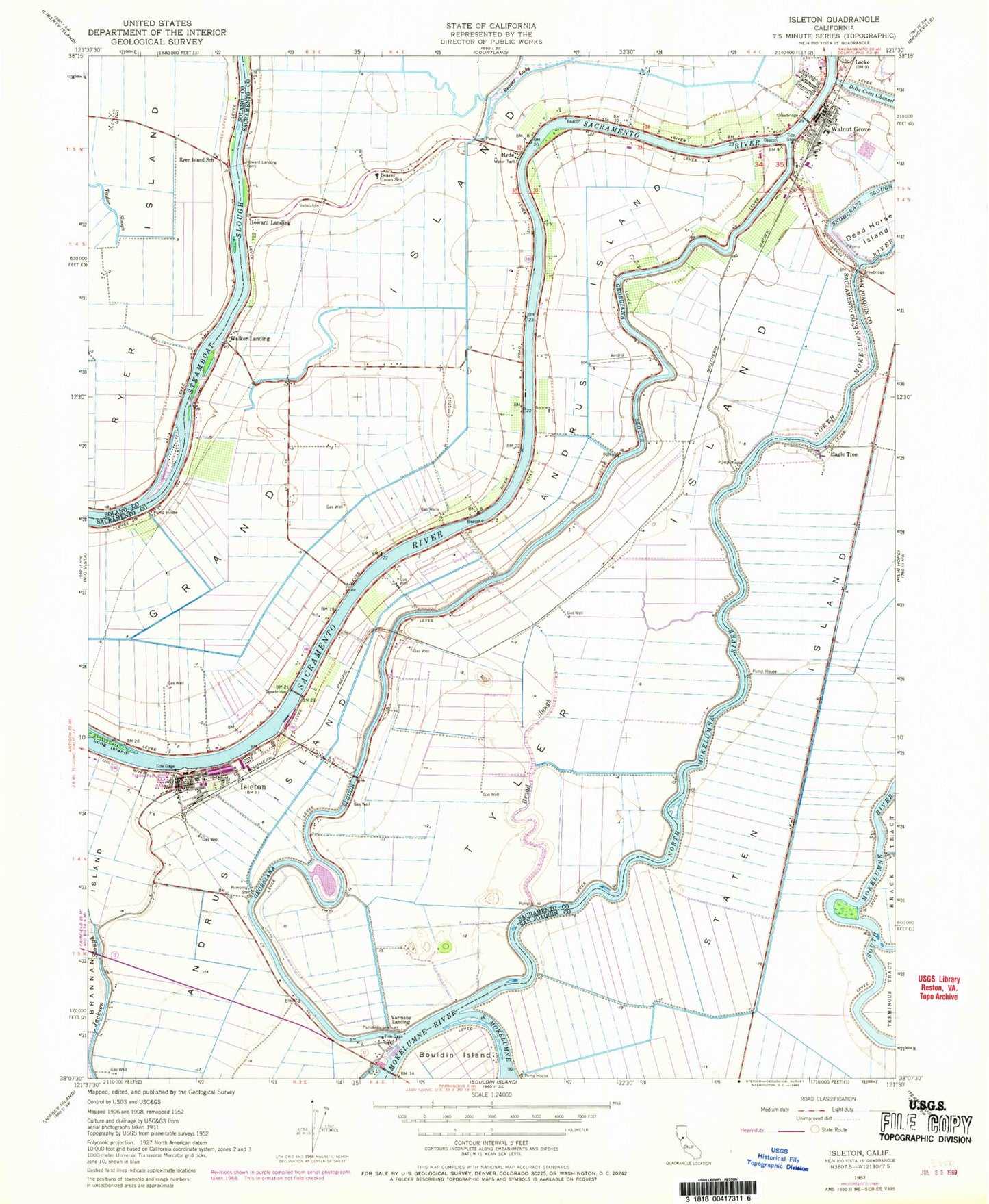 Classic USGS Isleton California 7.5'x7.5' Topo Map Image