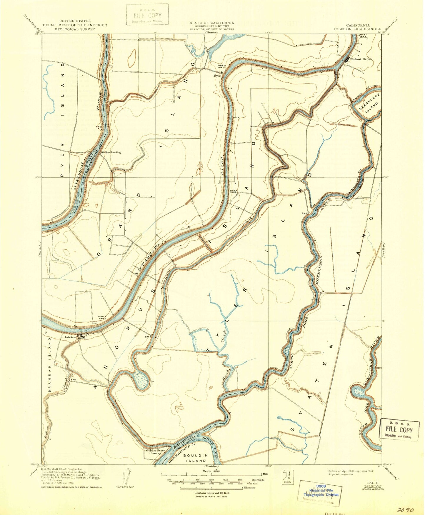 Classic USGS Isleton California 7.5'x7.5' Topo Map Image