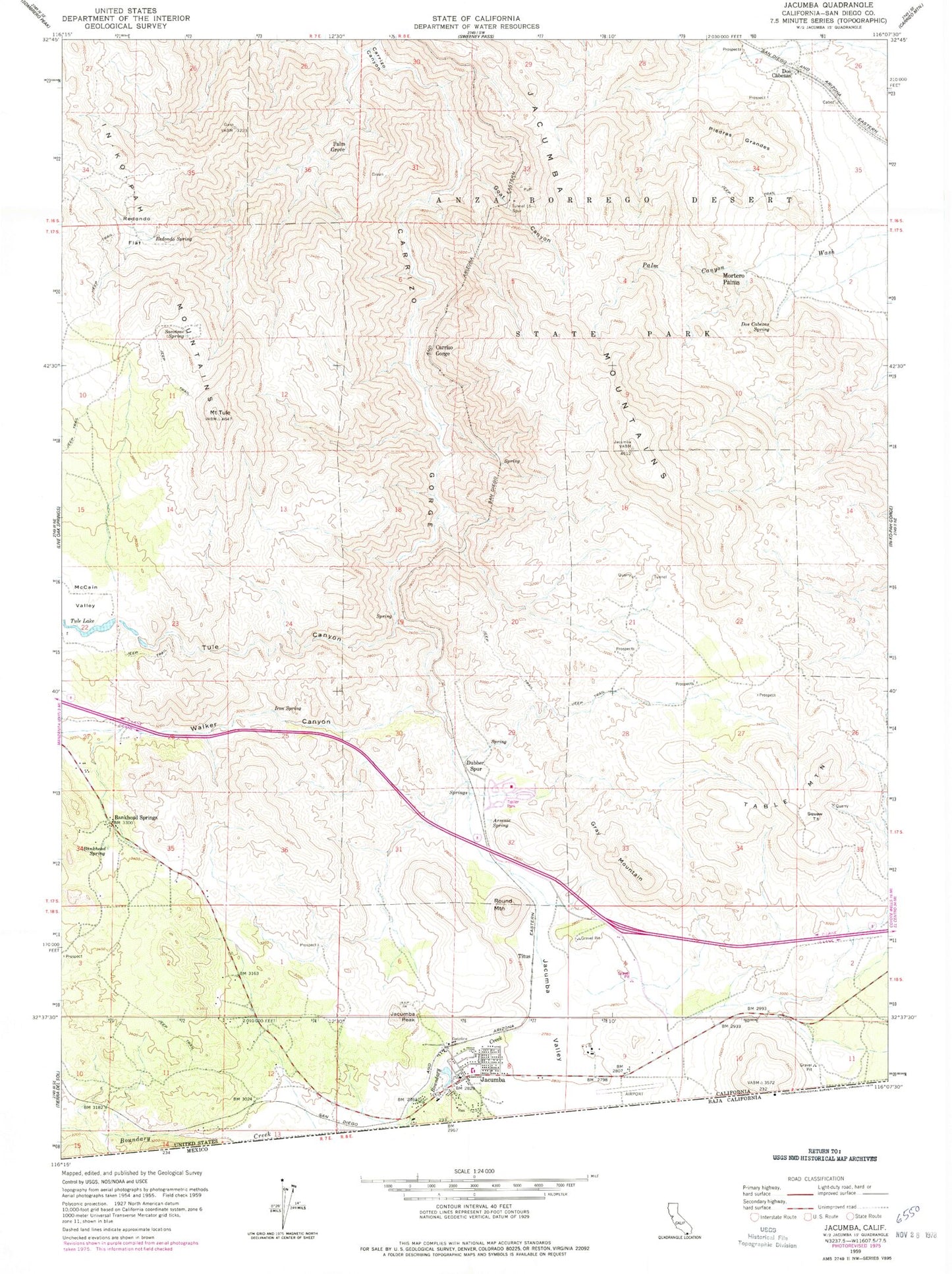 Classic USGS Jacumba California 7.5'x7.5' Topo Map Image