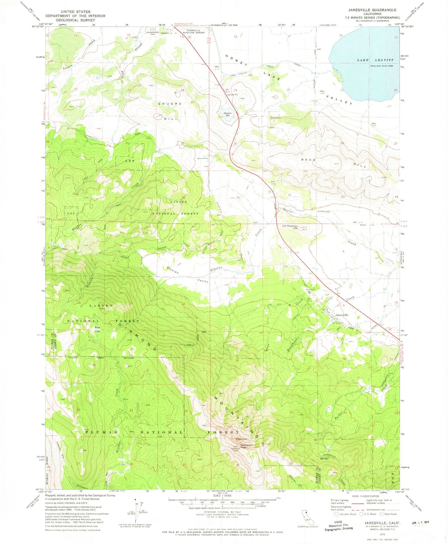 Classic USGS Janesville California 7.5'x7.5' Topo Map Image