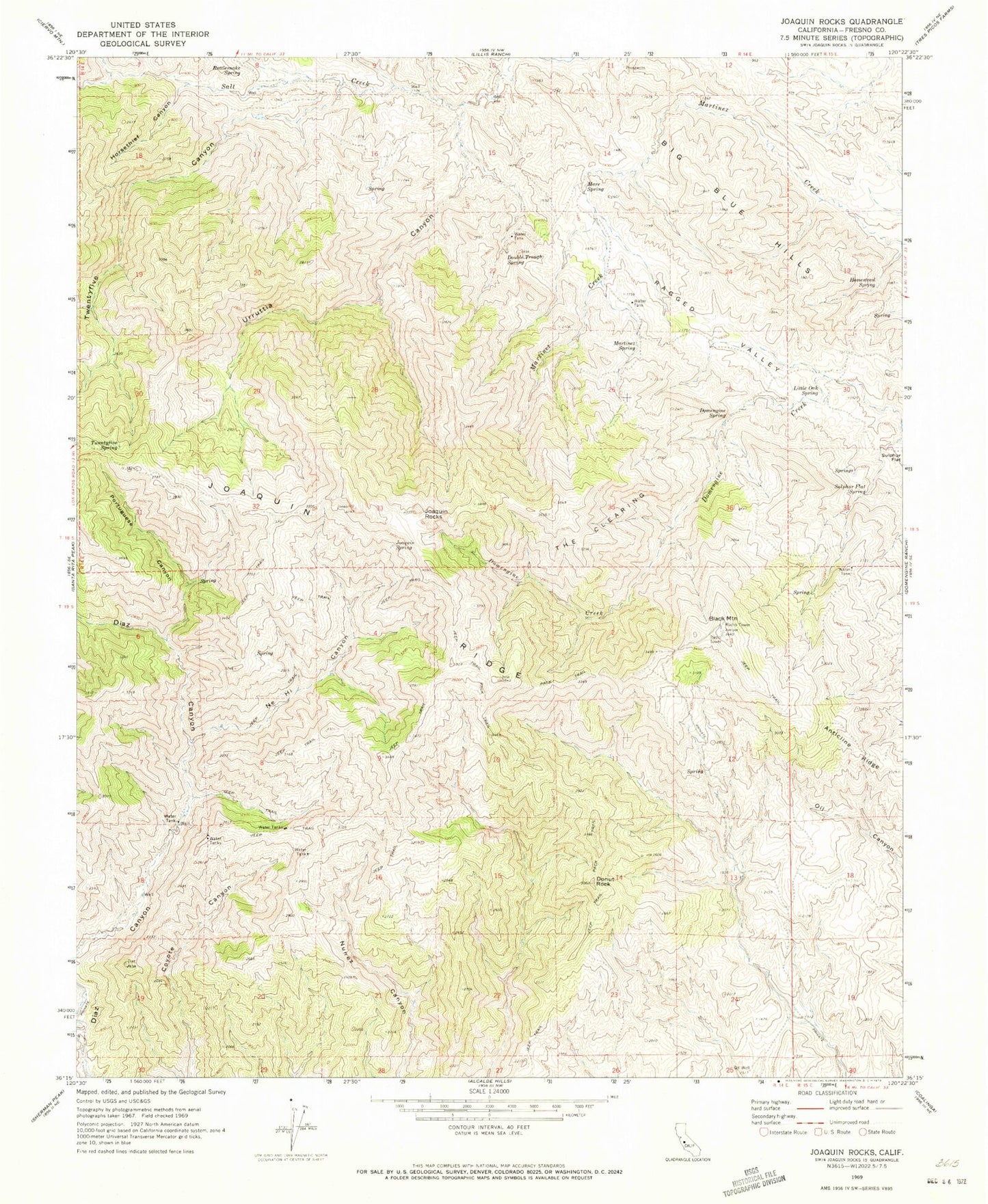 Classic USGS Joaquin Rocks California 7.5'x7.5' Topo Map Image