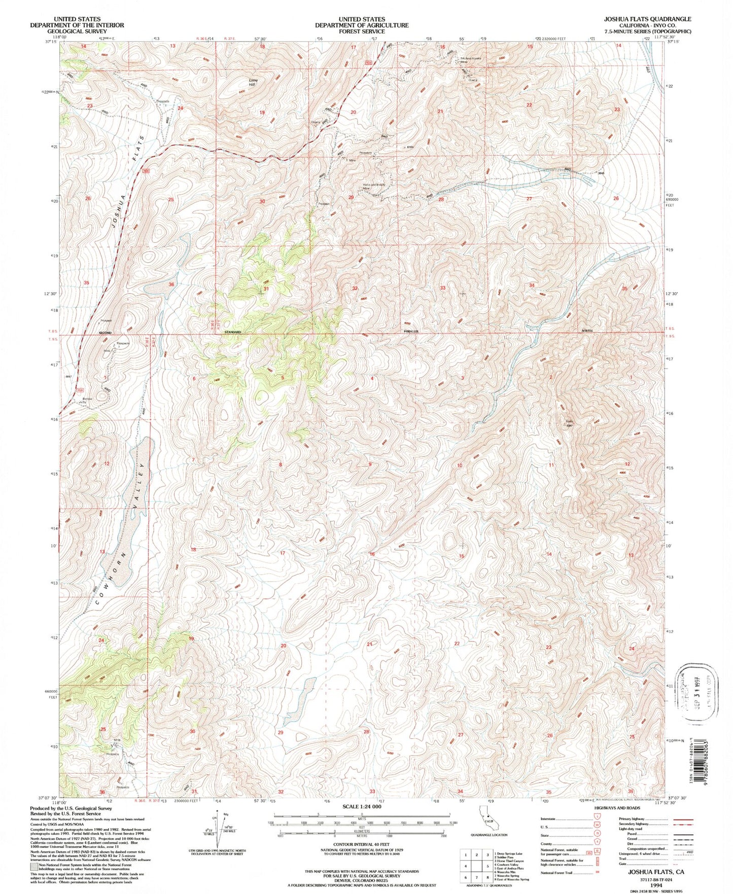 Classic USGS Joshua Flats California 7.5'x7.5' Topo Map Image
