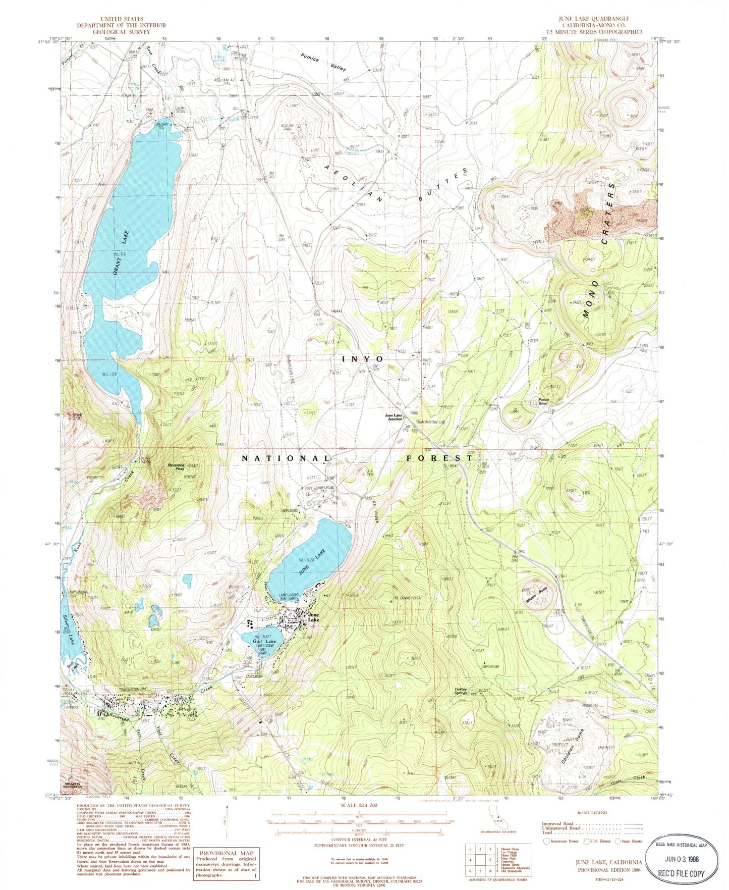 Classic USGS June Lake California 7.5'x7.5' Topo Map Image