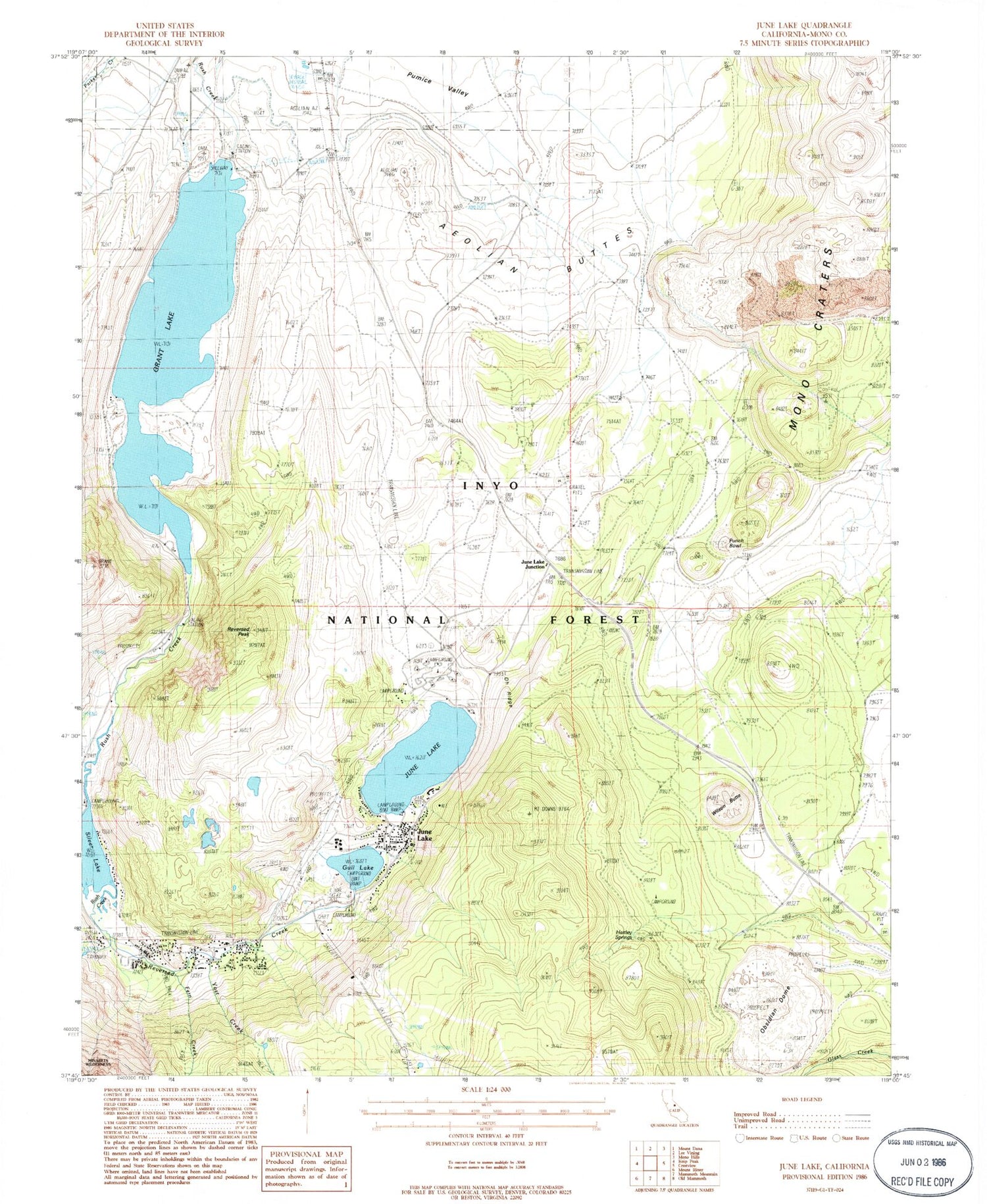 Classic USGS June Lake California 7.5'x7.5' Topo Map Image