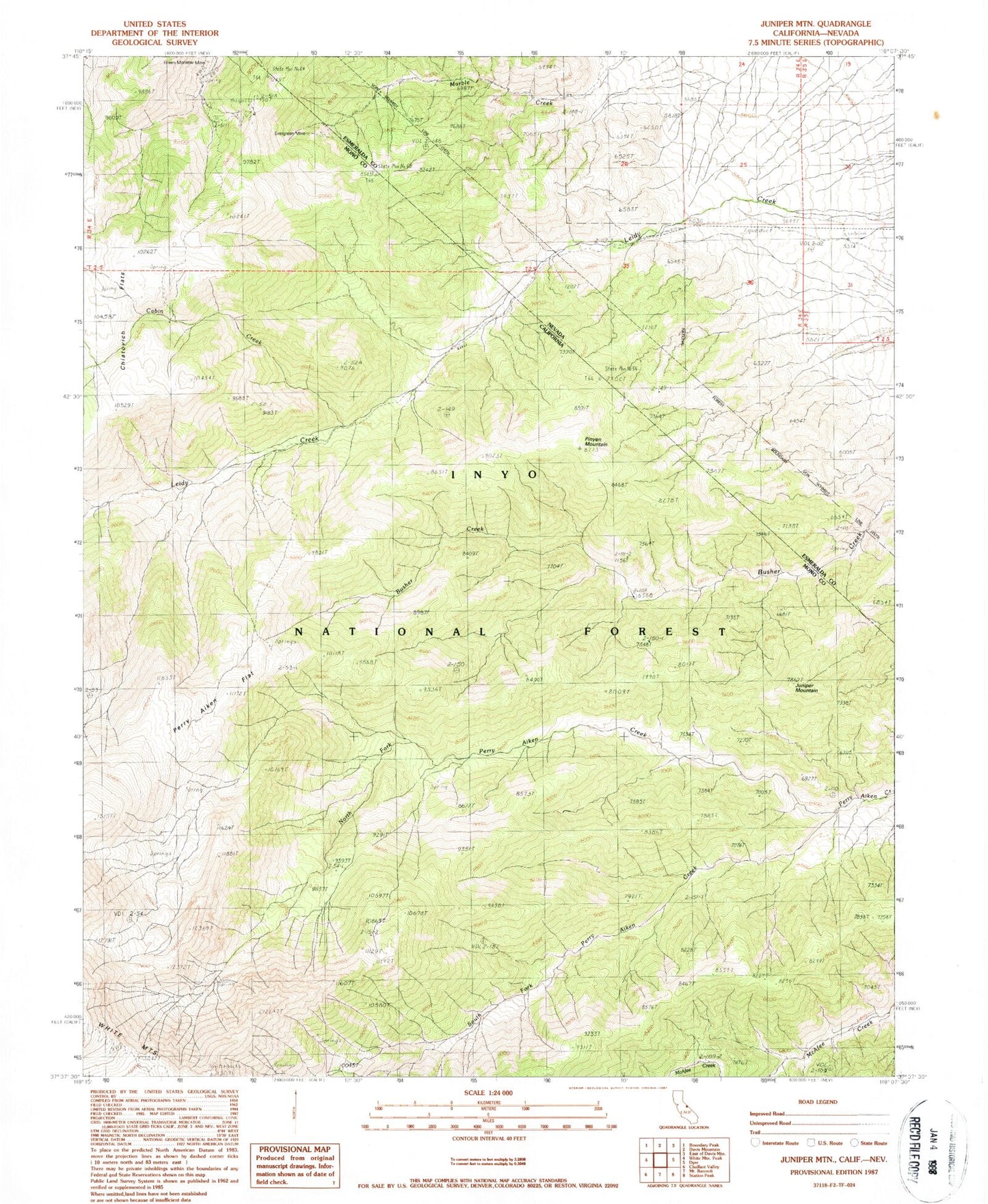Classic USGS Juniper Mountain California 7.5'x7.5' Topo Map Image