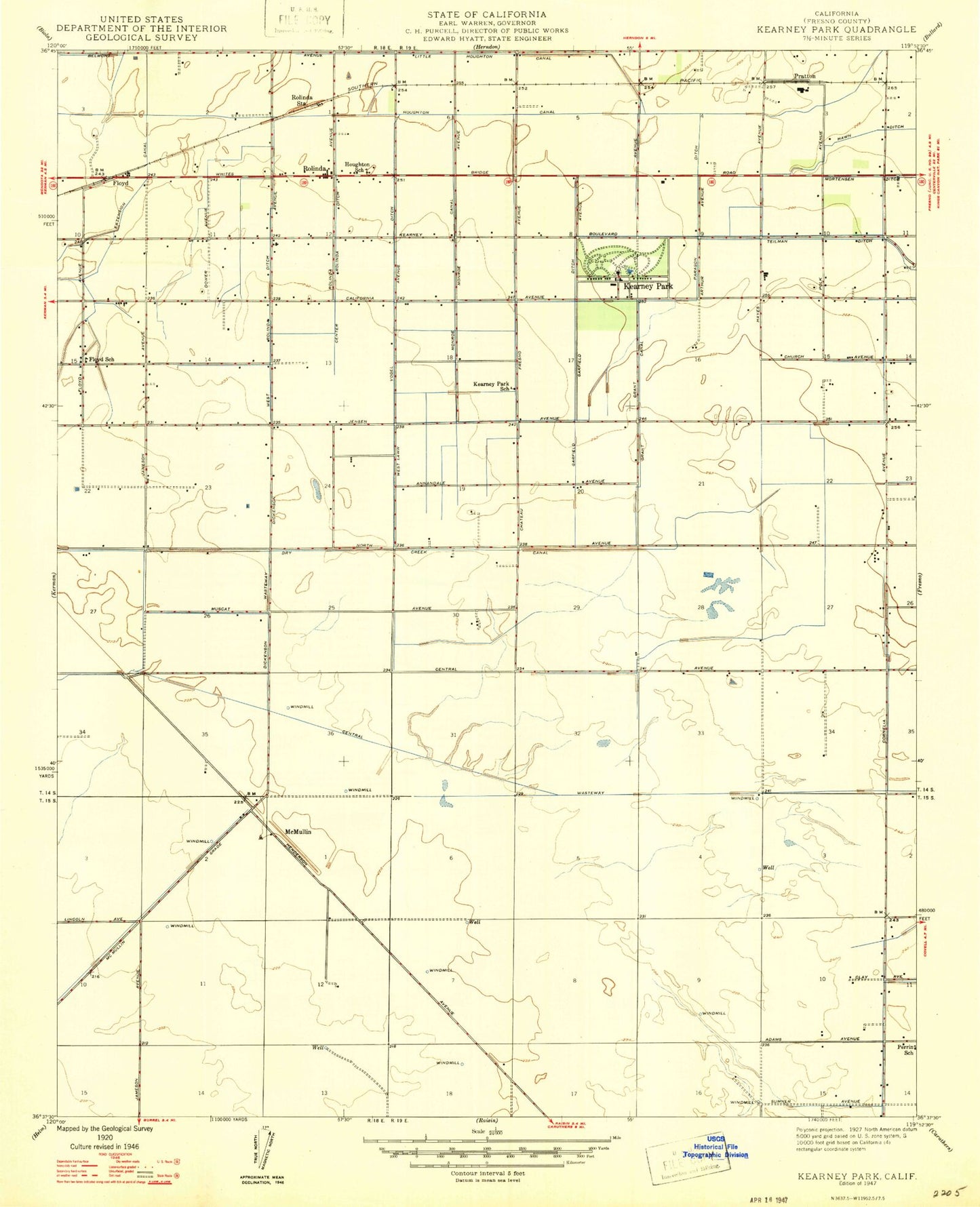 Classic USGS Kearney Park California 7.5'x7.5' Topo Map Image