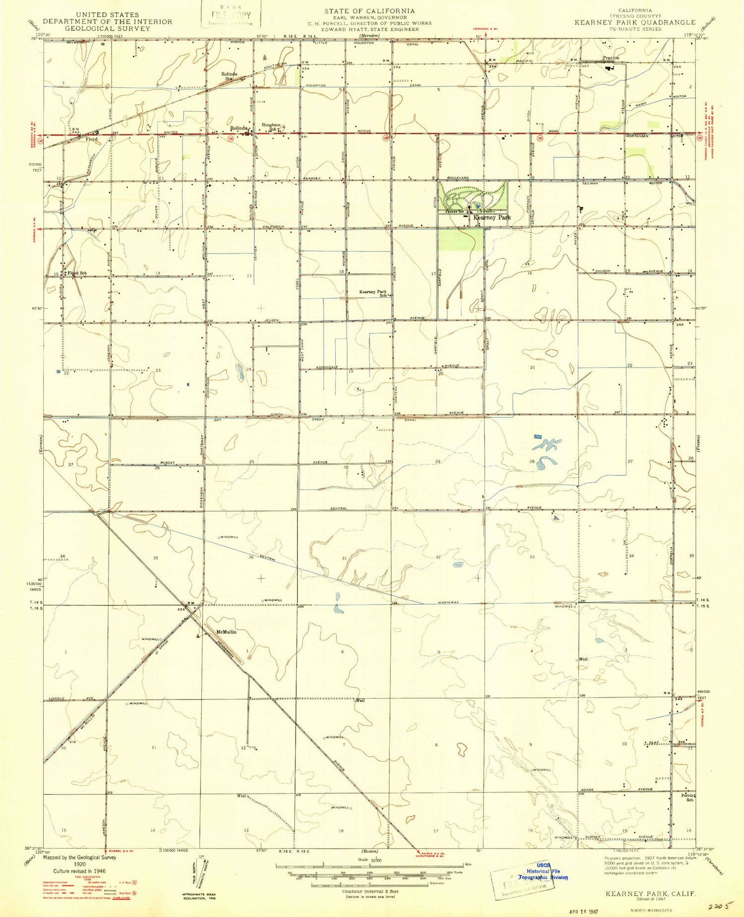 Classic USGS Kearney Park California 7.5'x7.5' Topo Map Image