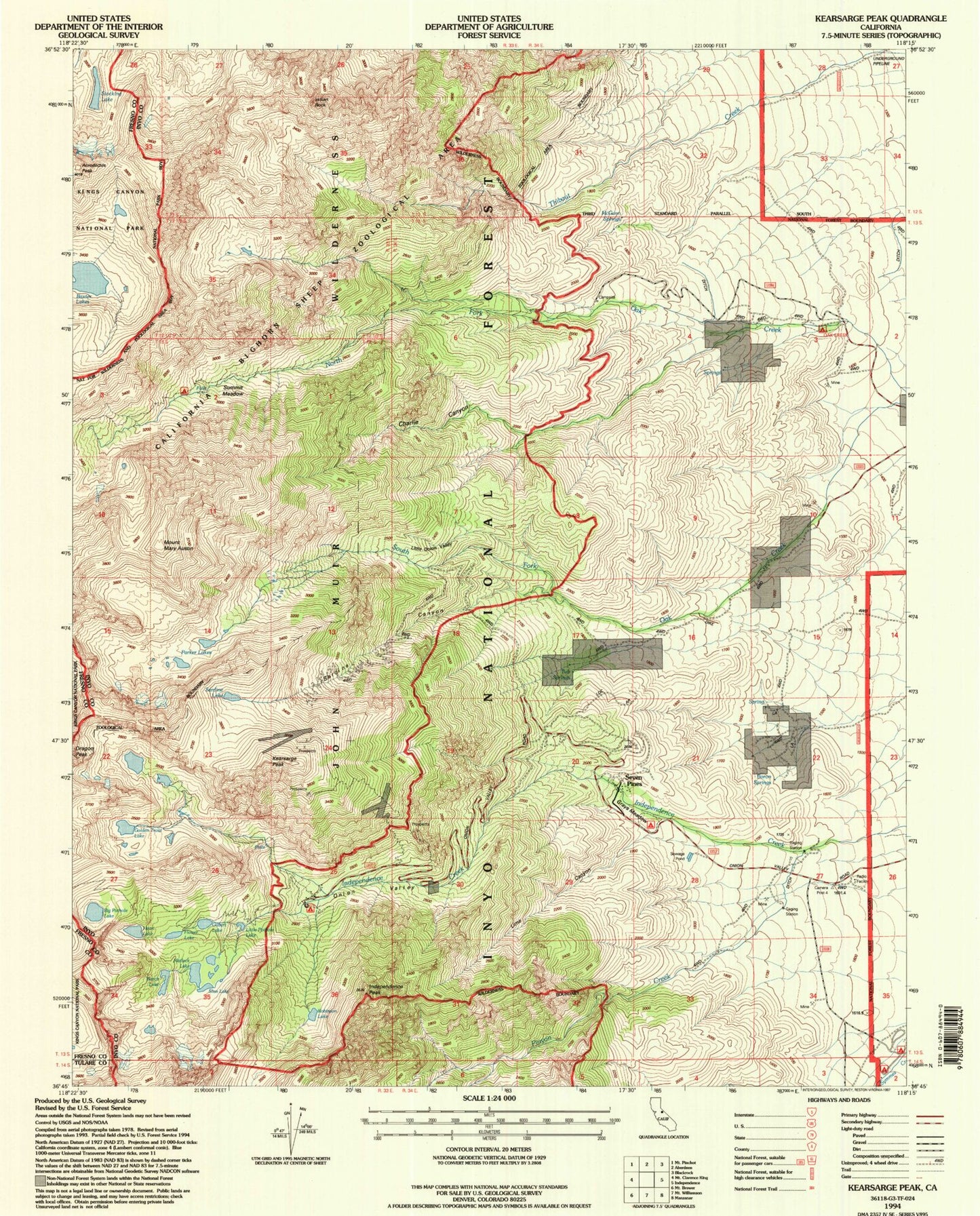 USGS Classic Kearsarge Peak California 7.5'x7.5' Topo Map Image