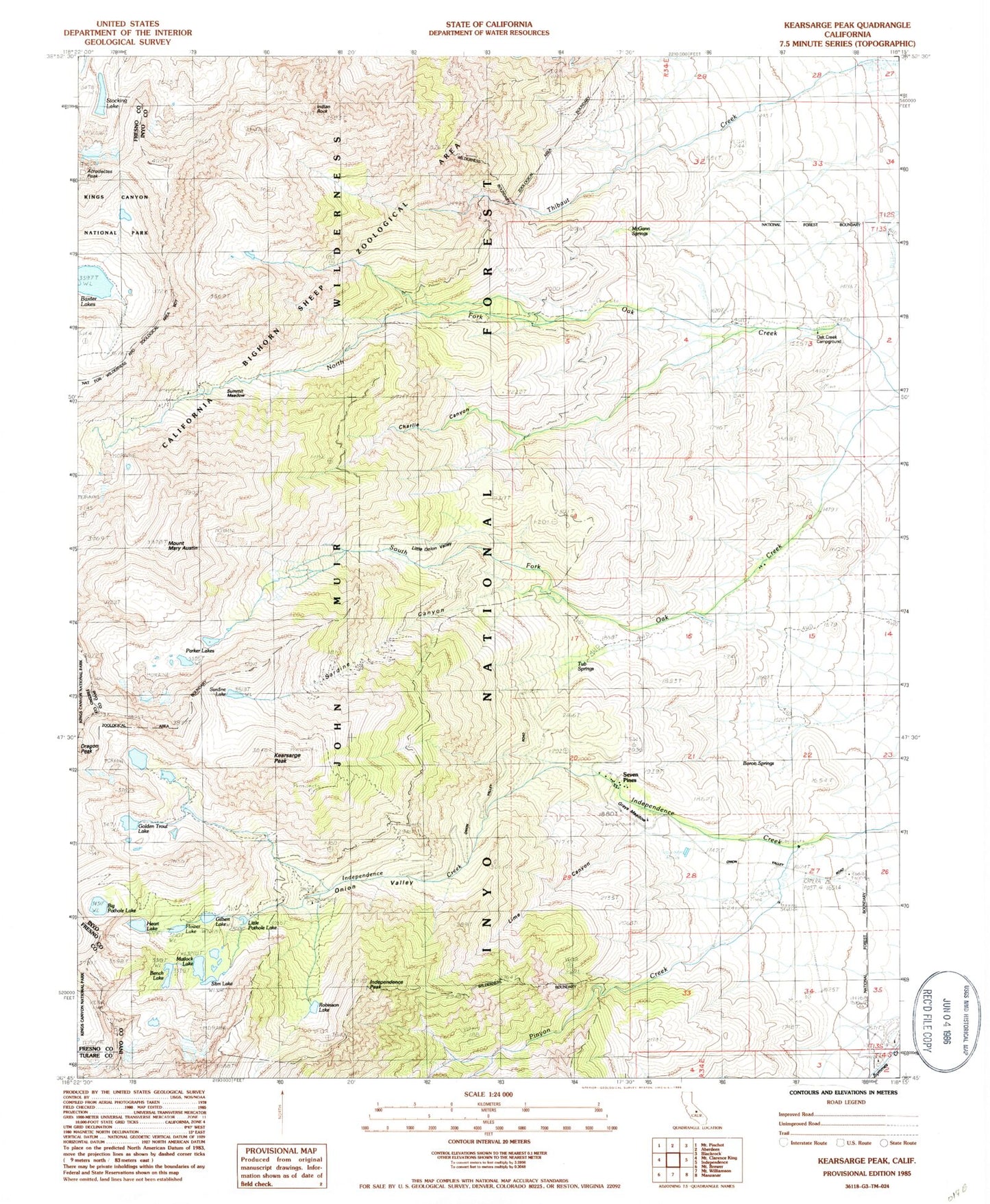 USGS Classic Kearsarge Peak California 7.5'x7.5' Topo Map Image