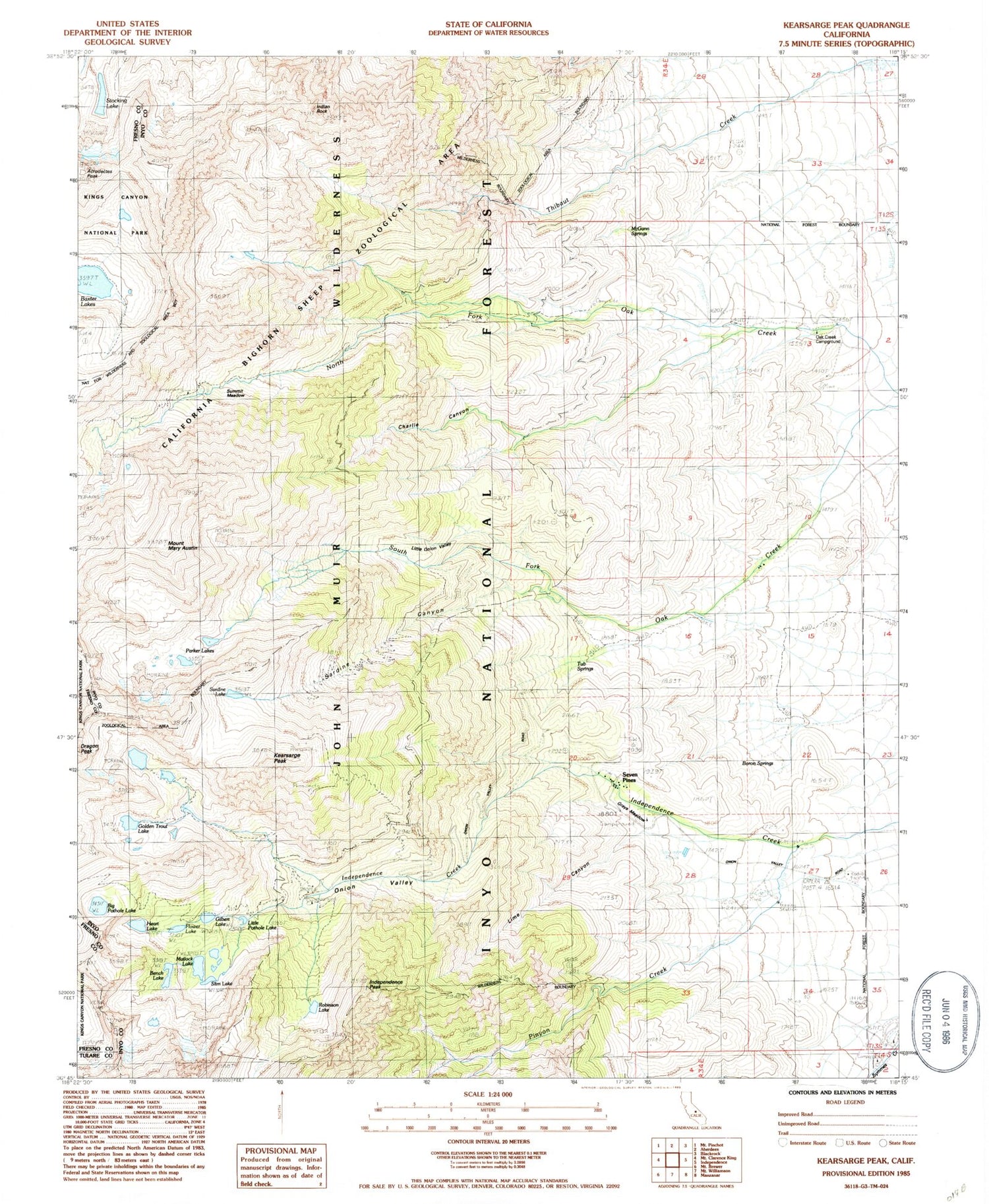 USGS Classic Kearsarge Peak California 7.5'x7.5' Topo Map Image