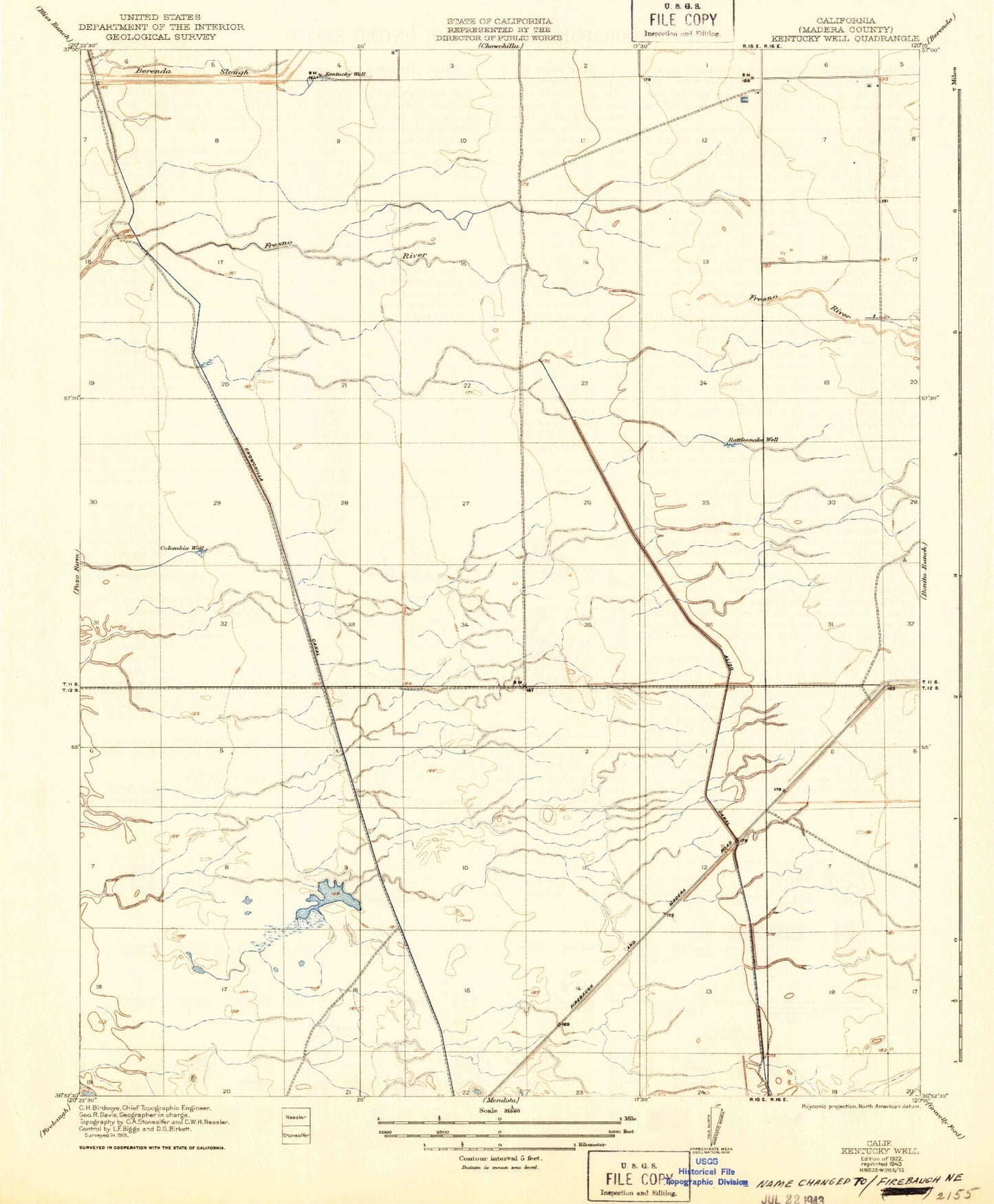 Classic USGS Firebaugh NE California 7.5'x7.5' Topo Map Image