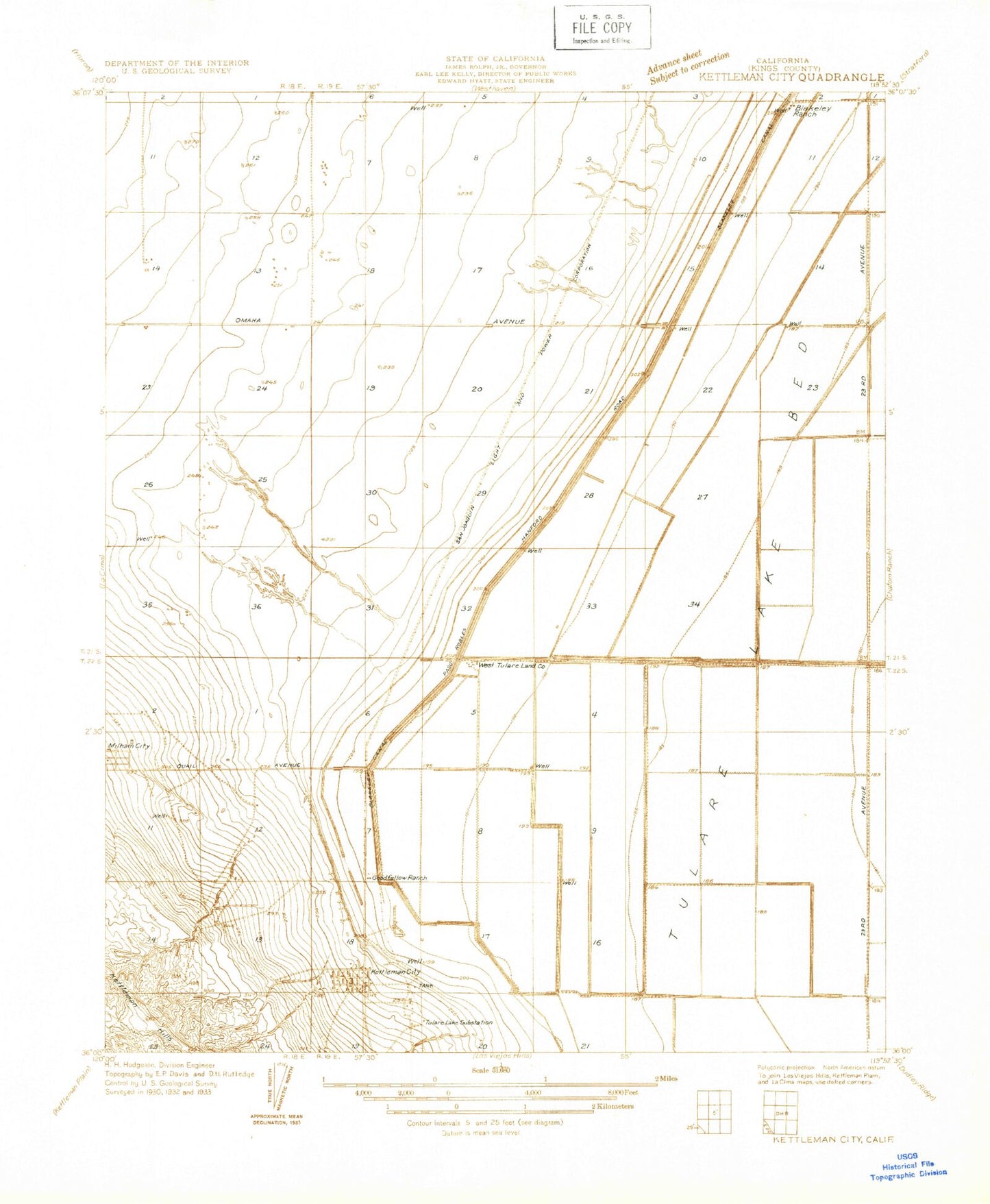 Classic USGS Kettleman City California 7.5'x7.5' Topo Map Image