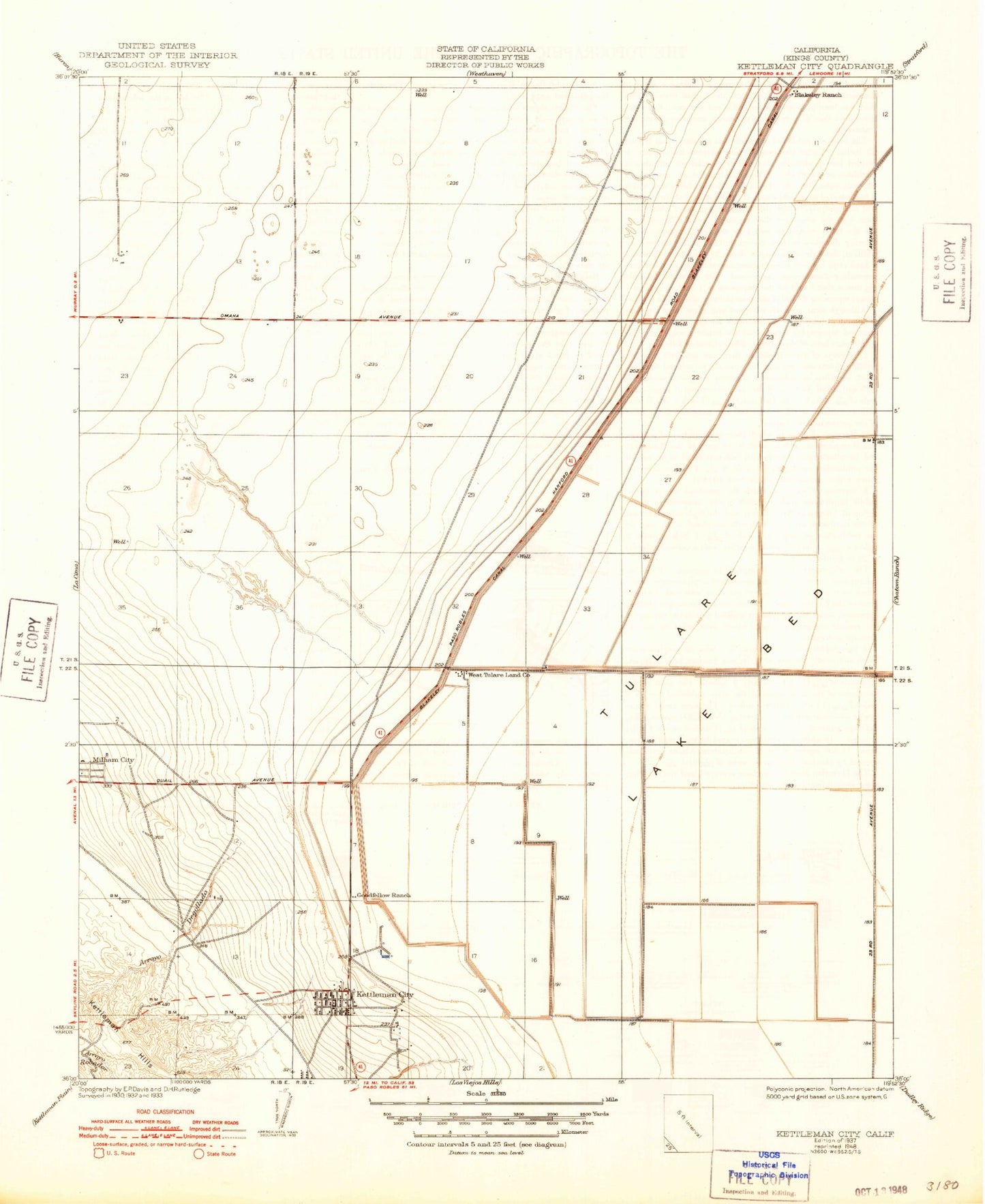 Classic USGS Kettleman City California 7.5'x7.5' Topo Map Image