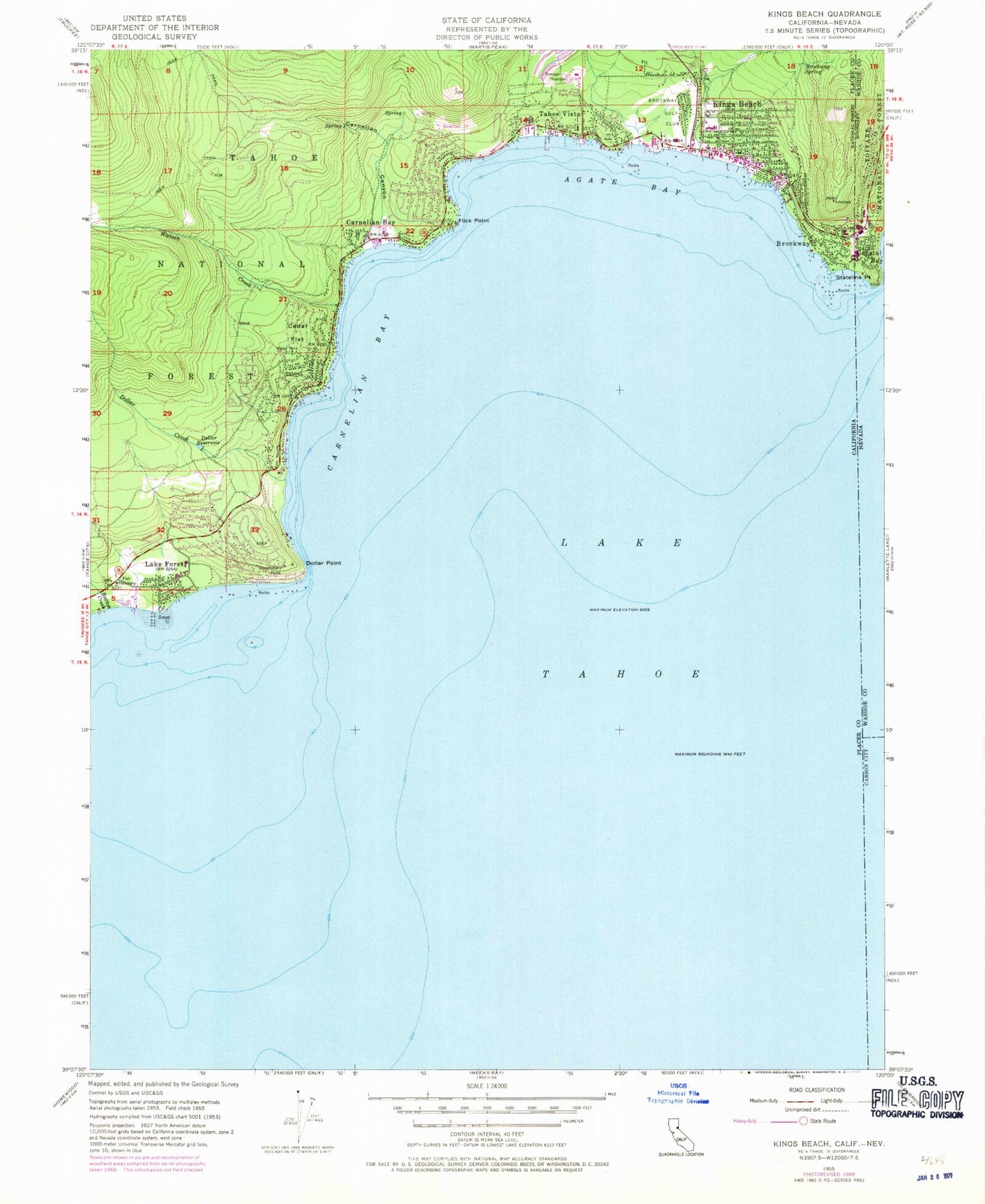 Classic USGS Kings Beach California 7.5'x7.5' Topo Map Image