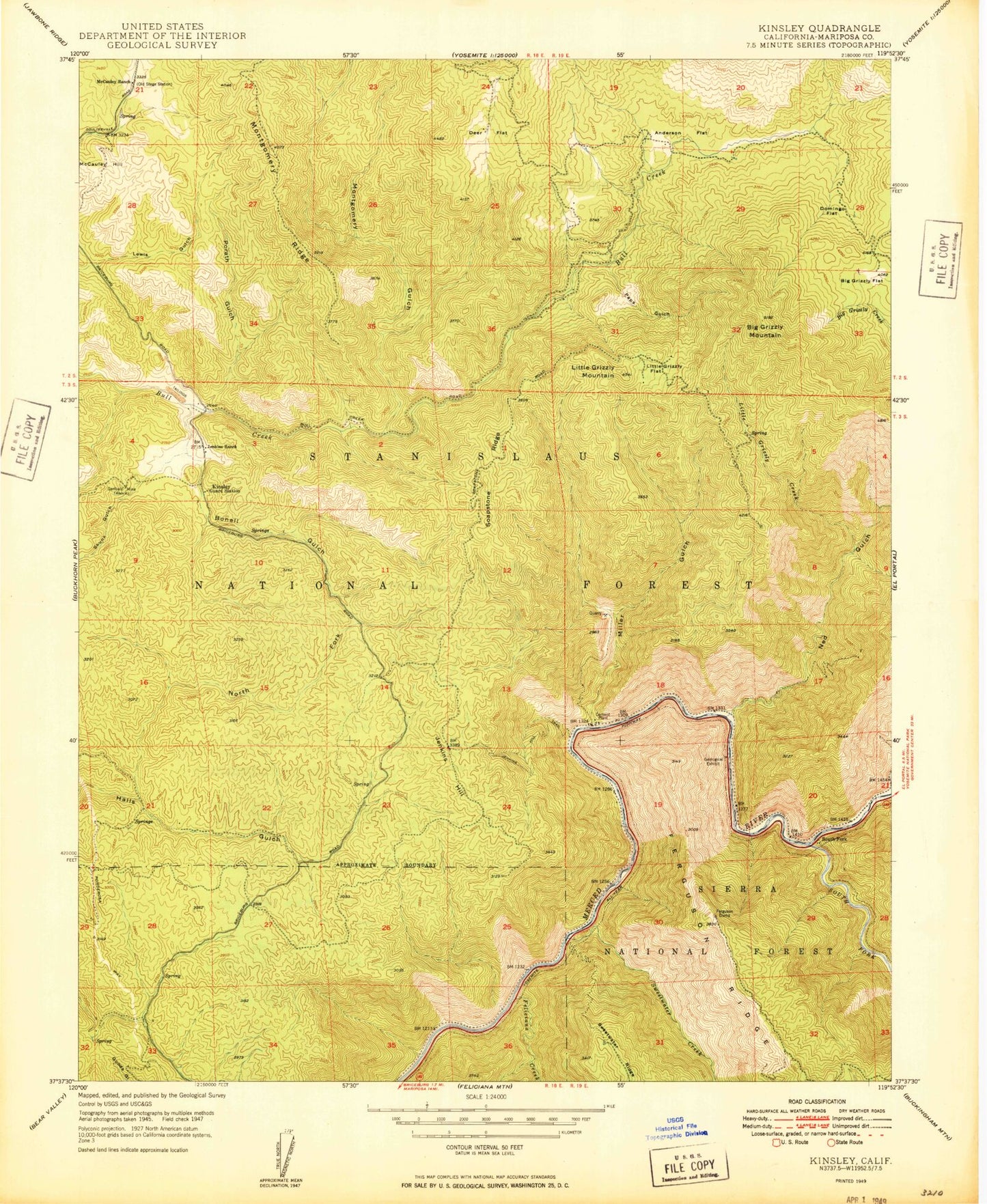 Classic USGS Kinsley California 7.5'x7.5' Topo Map Image