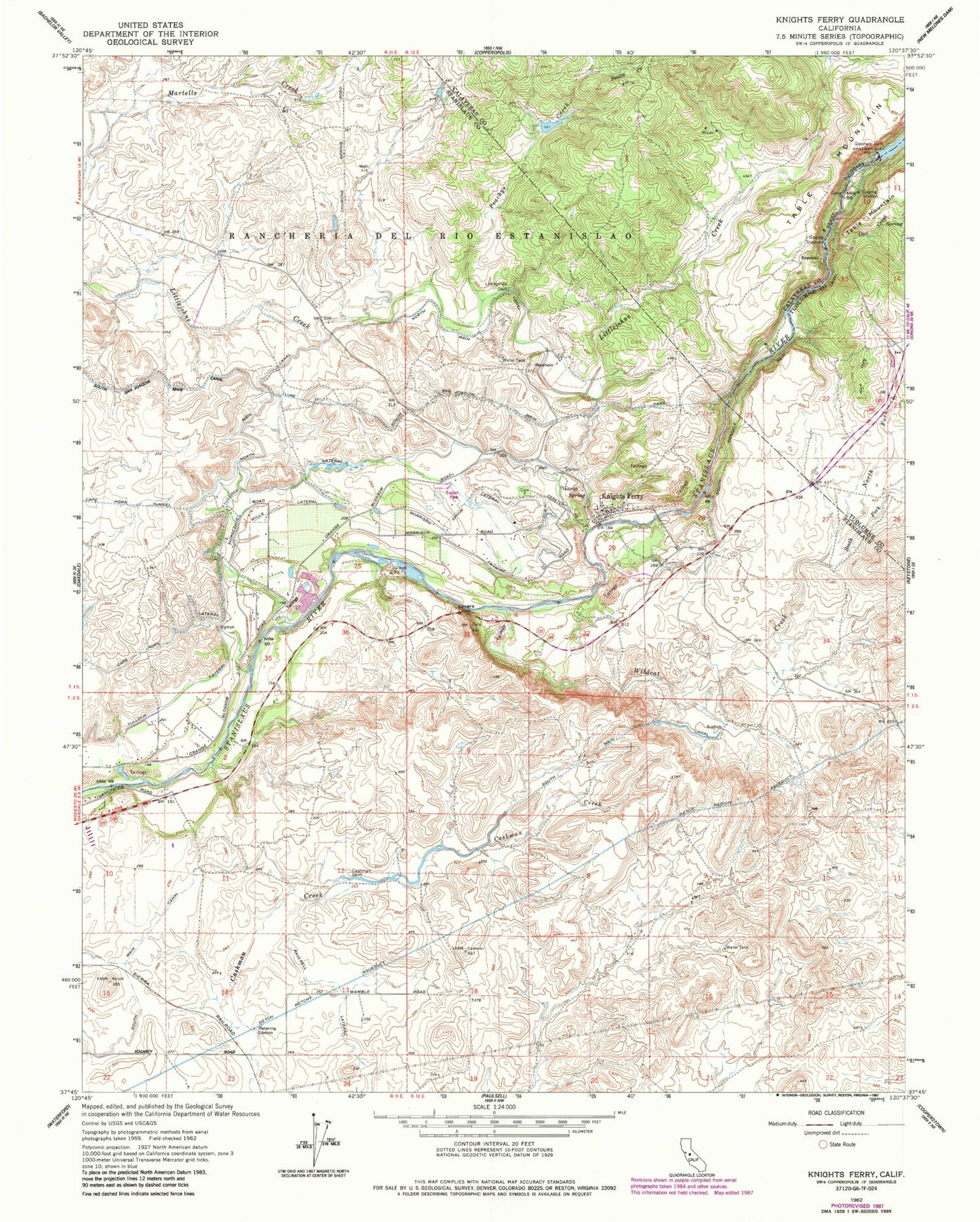 Classic USGS Knights Ferry California 7.5'x7.5' Topo Map Image