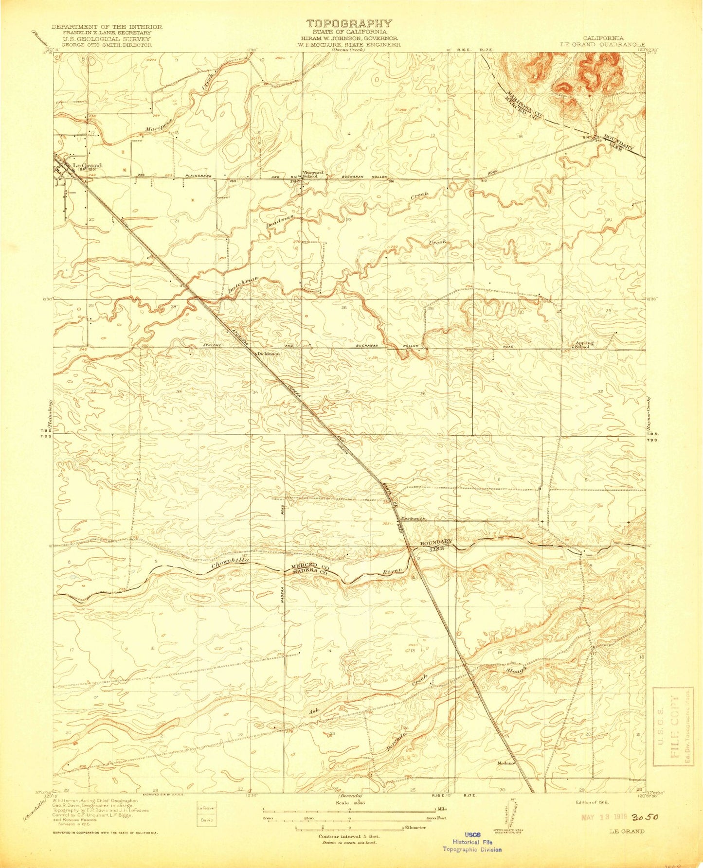 Classic USGS Le Grand California 7.5'x7.5' Topo Map Image
