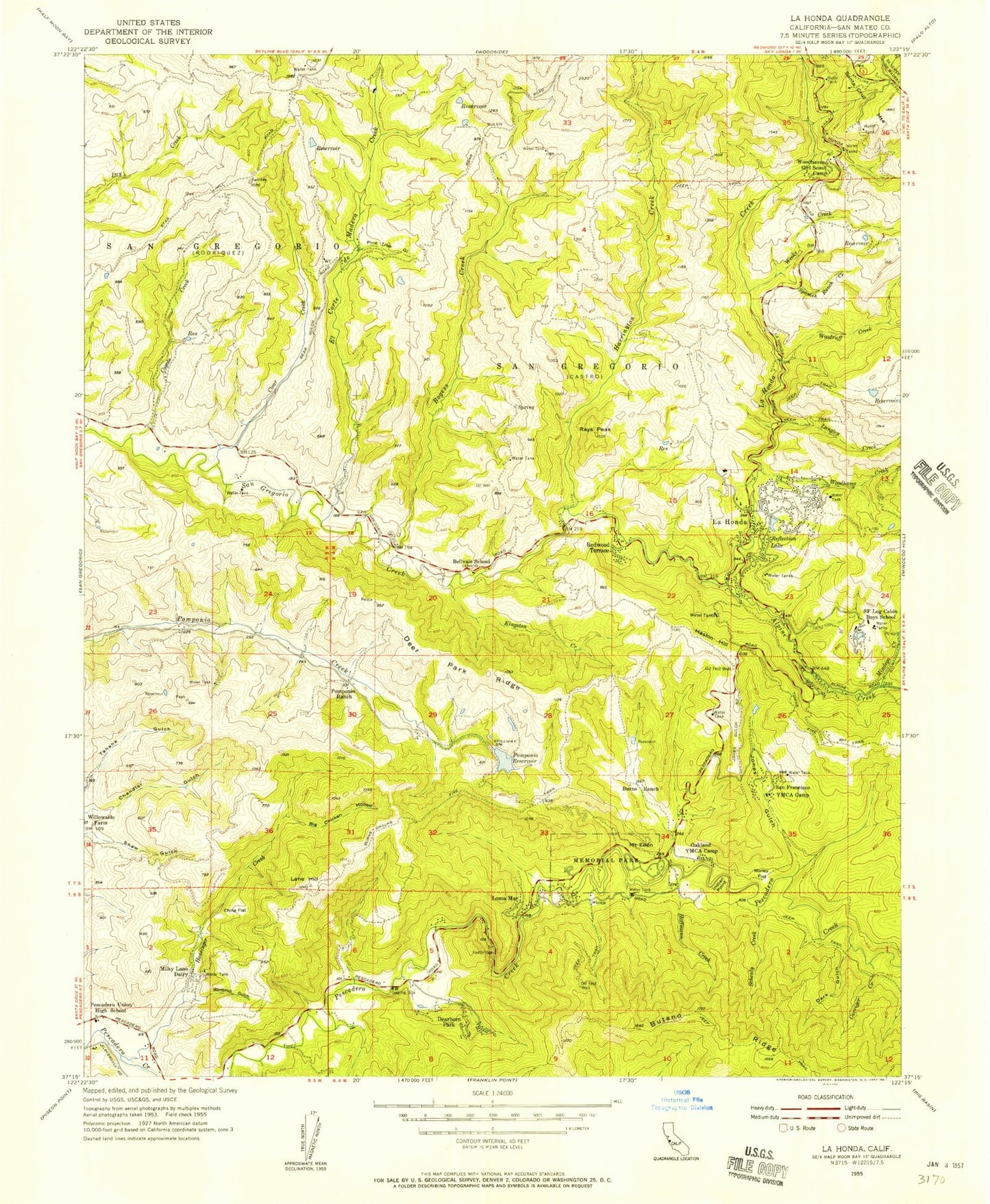 Classic USGS La Honda California 7.5'x7.5' Topo Map Image