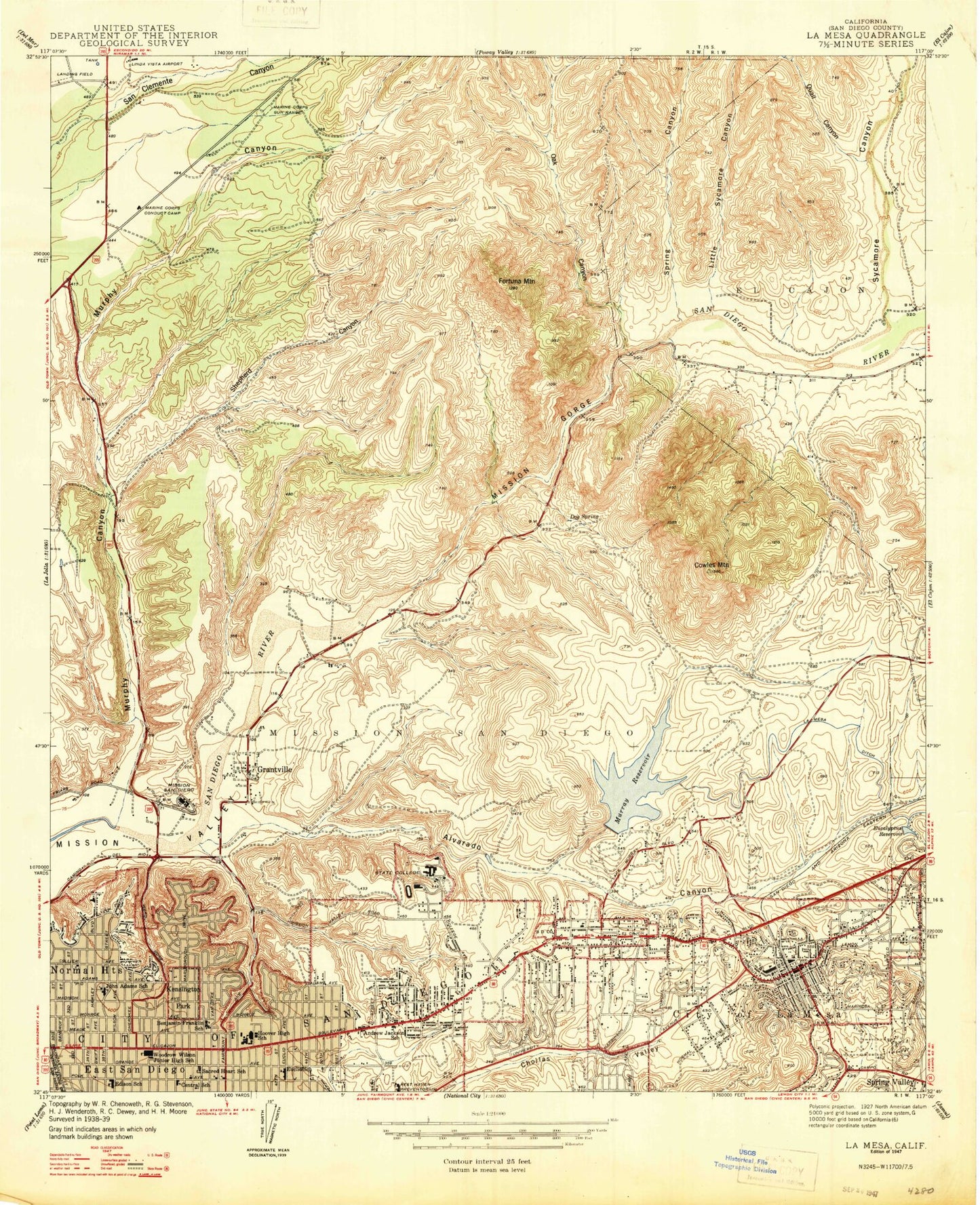 Classic USGS La Mesa California 7.5'x7.5' Topo Map Image