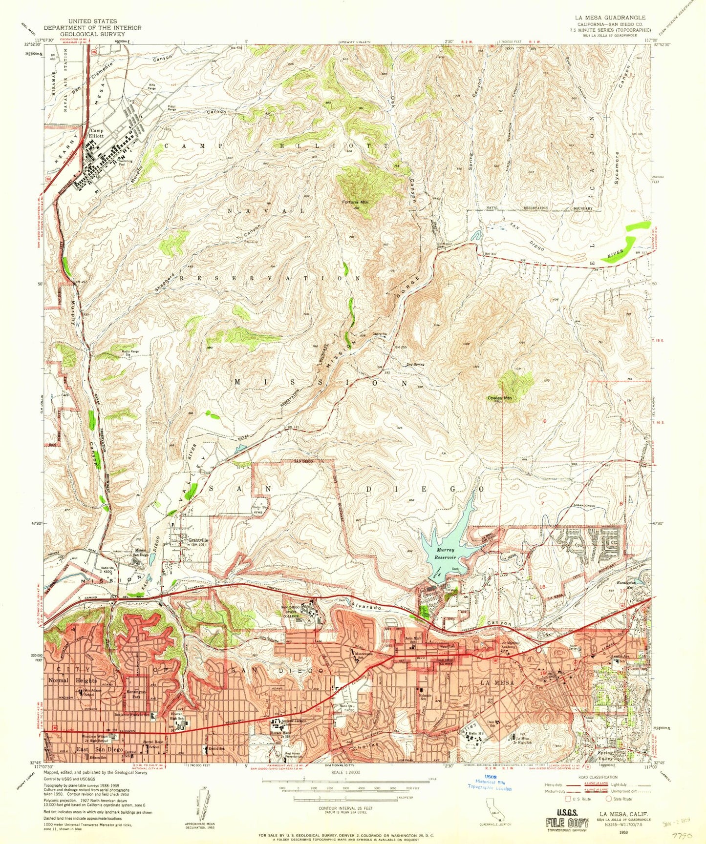 Classic USGS La Mesa California 7.5'x7.5' Topo Map Image