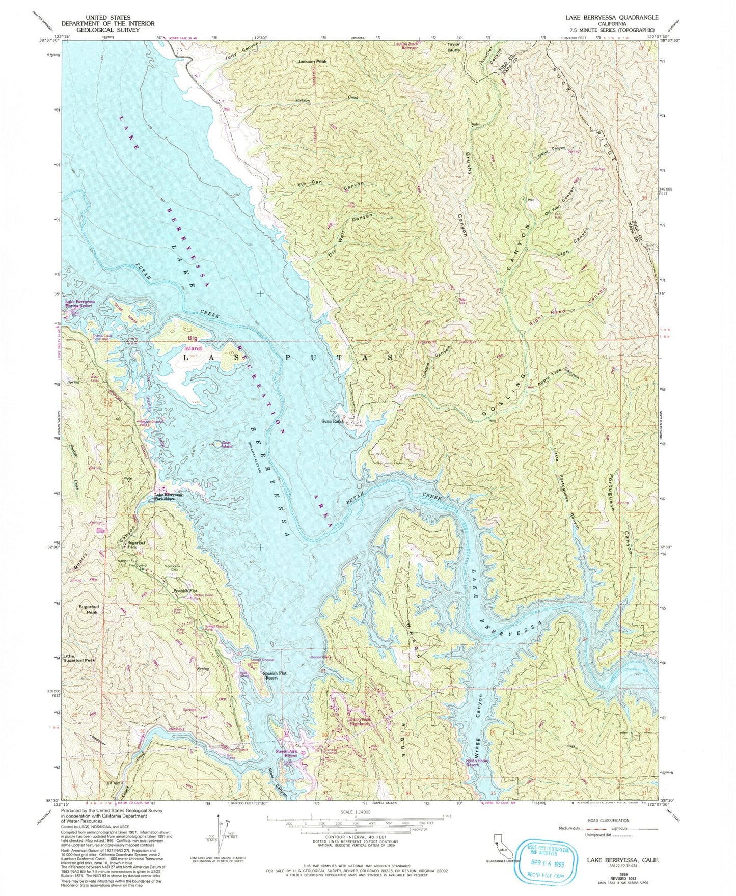 Classic USGS Lake Berryessa California 7.5'x7.5' Topo Map Image