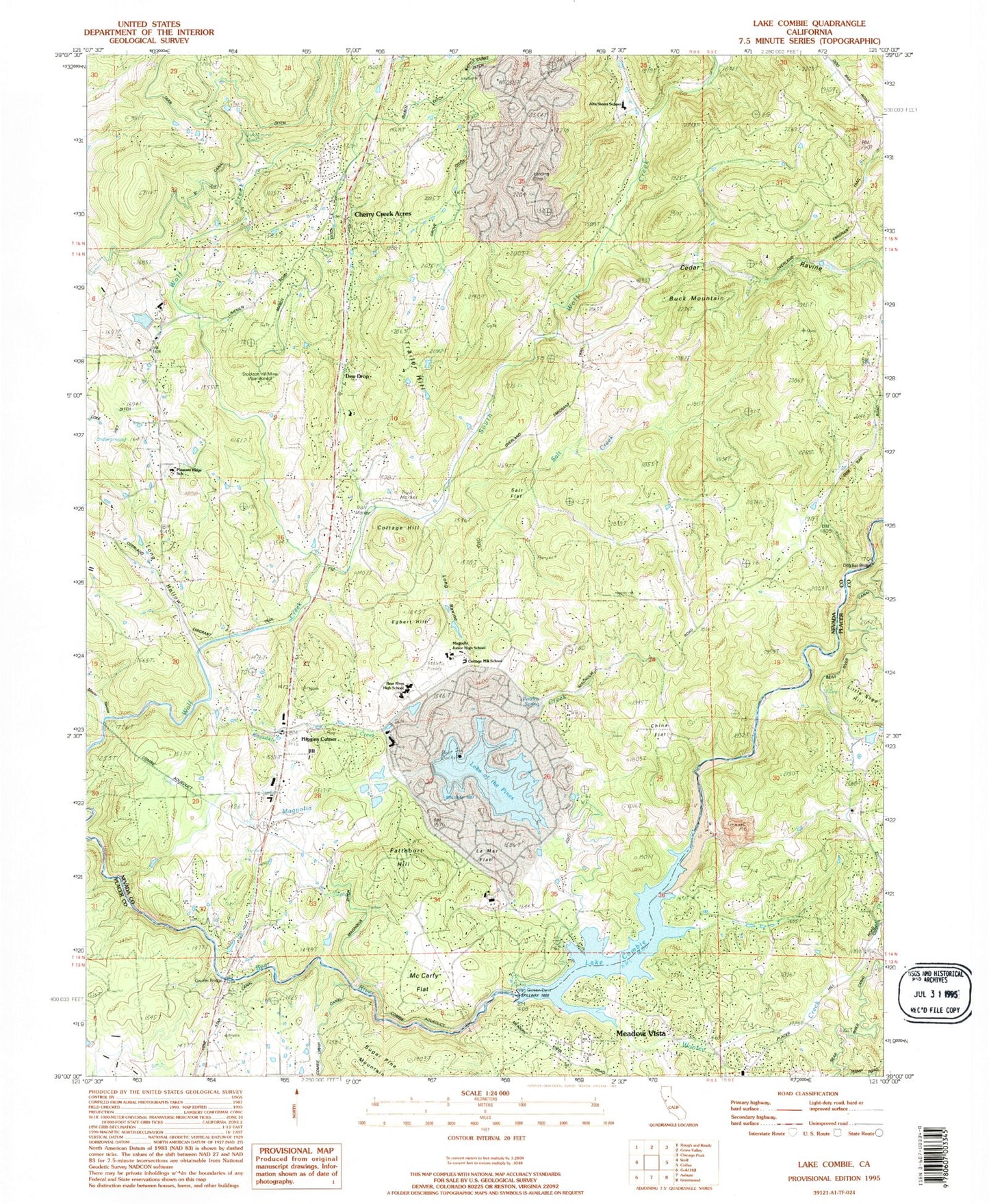 Classic USGS Lake Combie California 7.5'x7.5' Topo Map Image