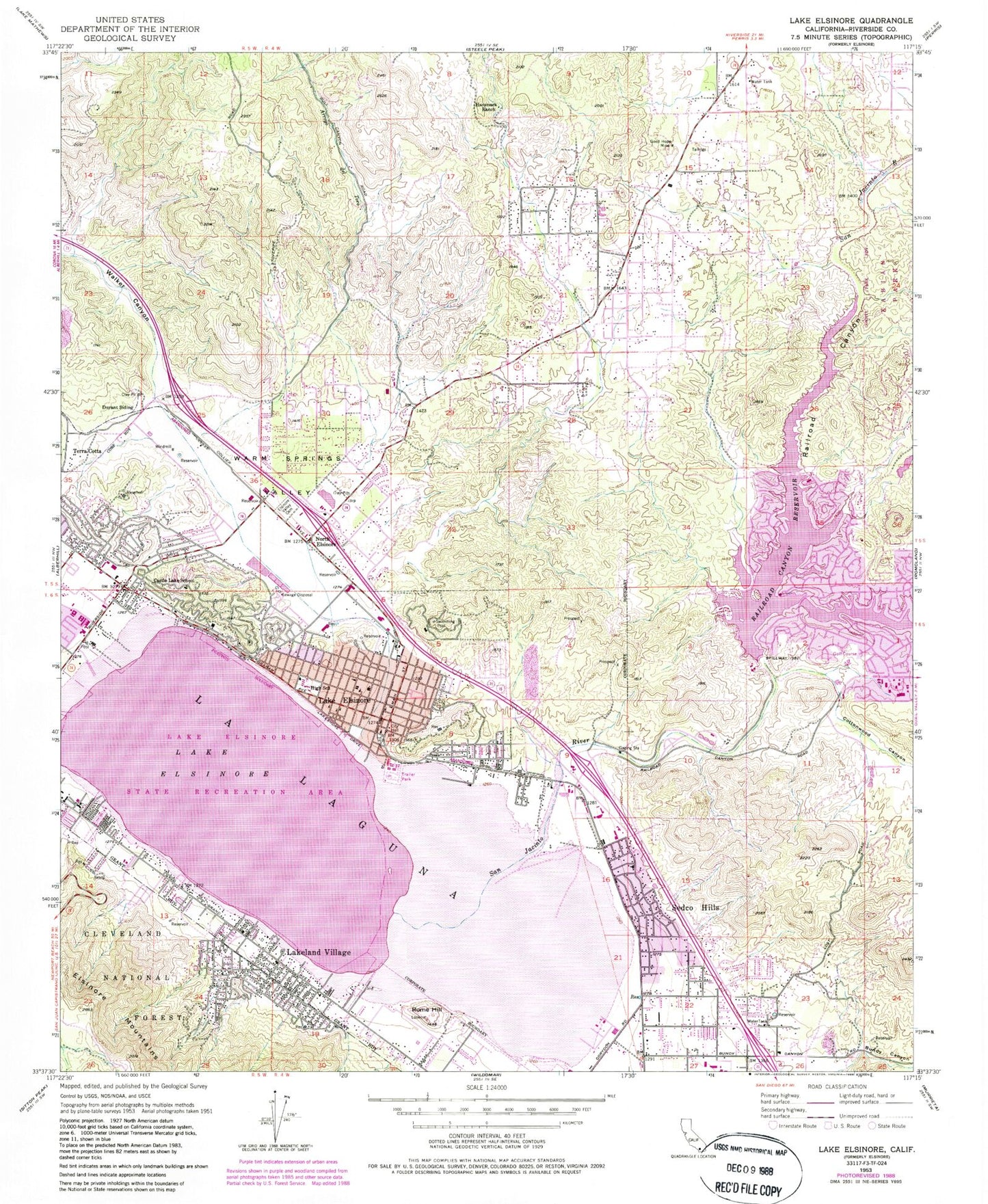 Classic USGS Lake Elsinore California 7.5'x7.5' Topo Map Image