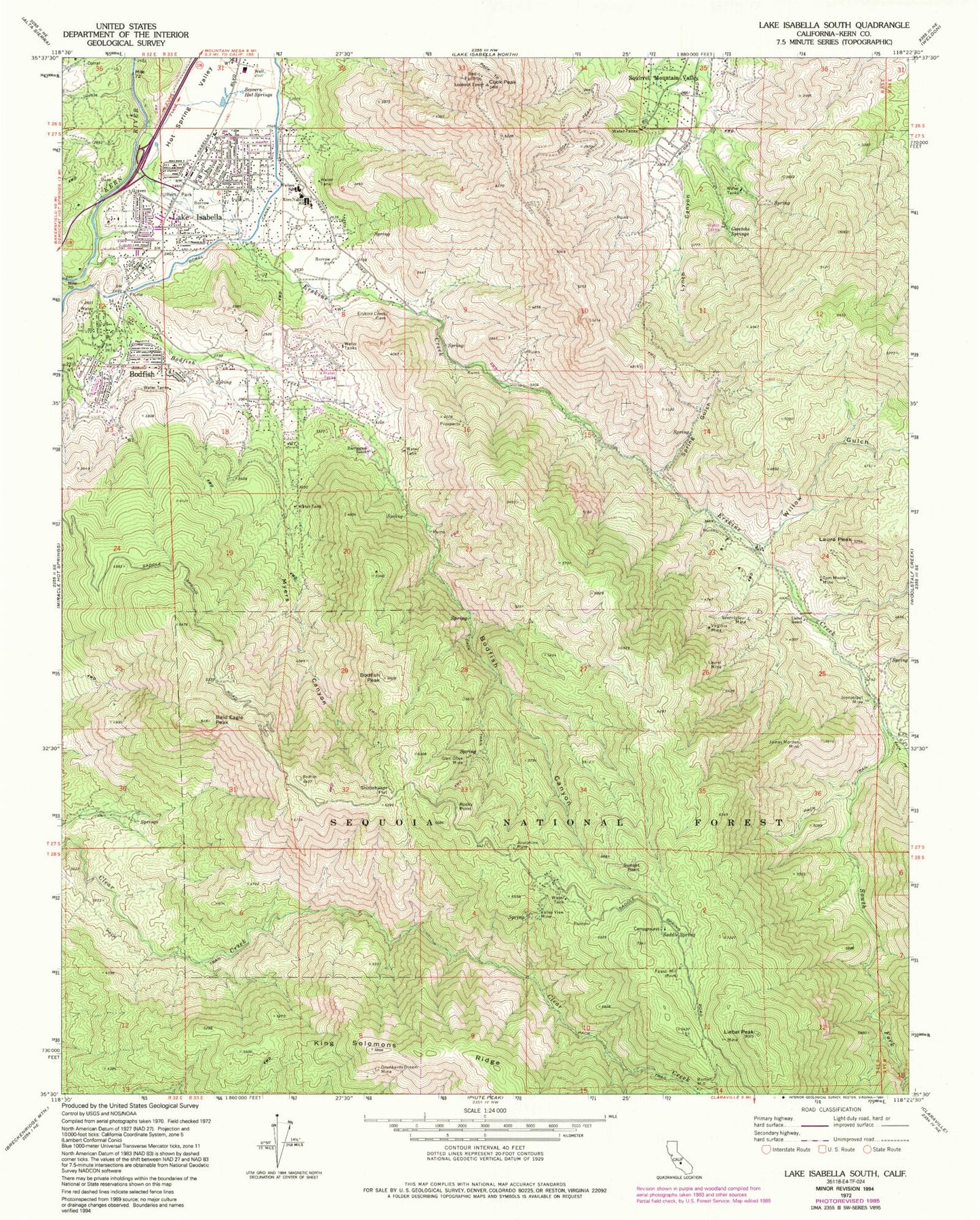 Classic USGS Lake Isabella South California 7.5'x7.5' Topo Map Image