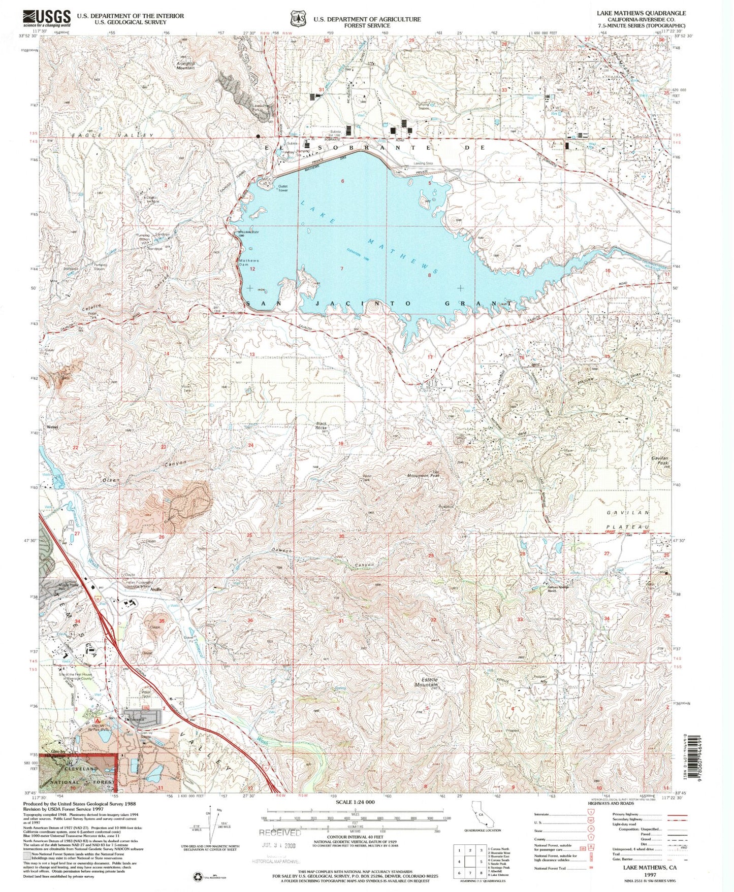 Classic USGS Lake Mathews California 7.5'x7.5' Topo Map Image