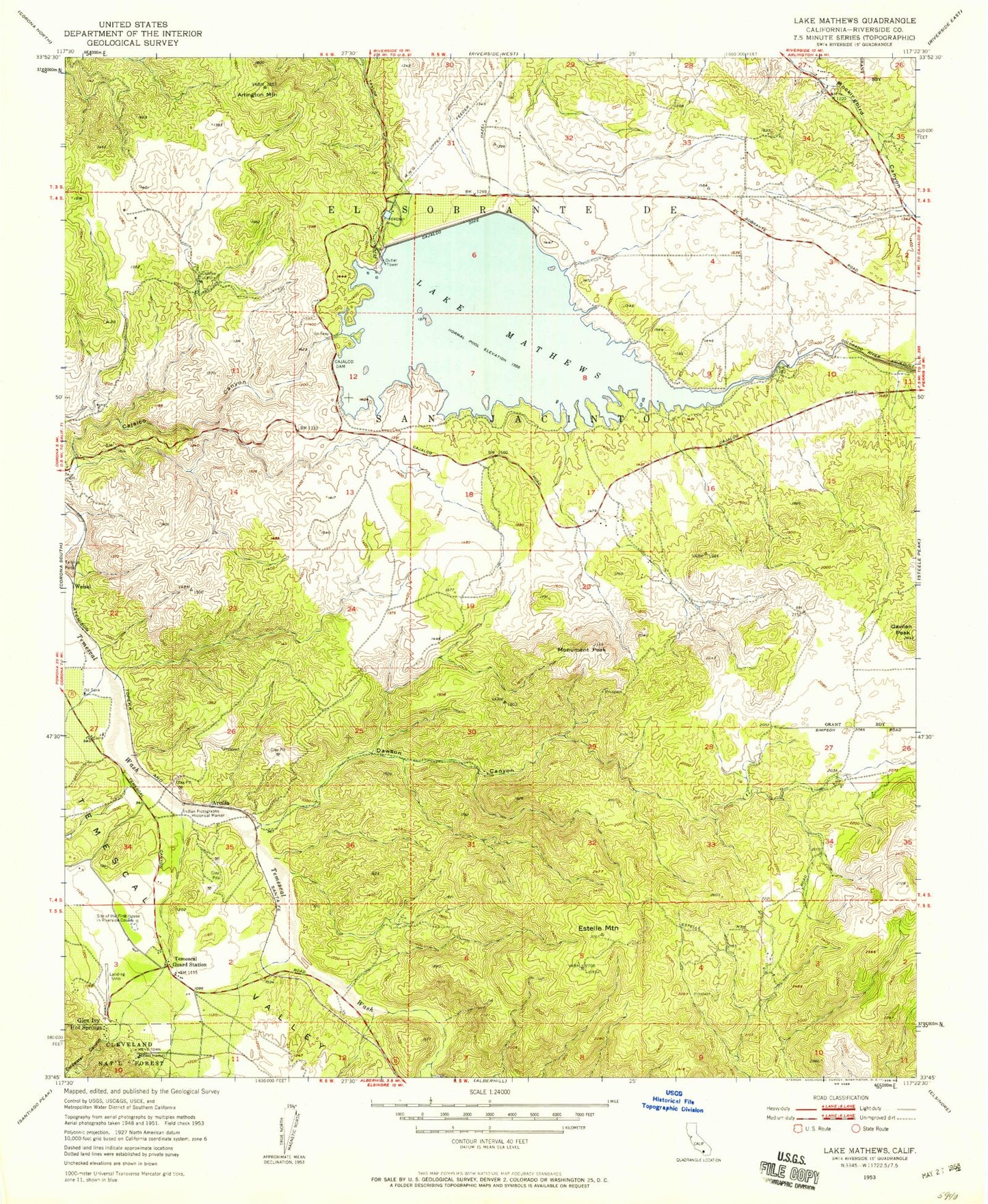 Classic USGS Lake Mathews California 7.5'x7.5' Topo Map Image