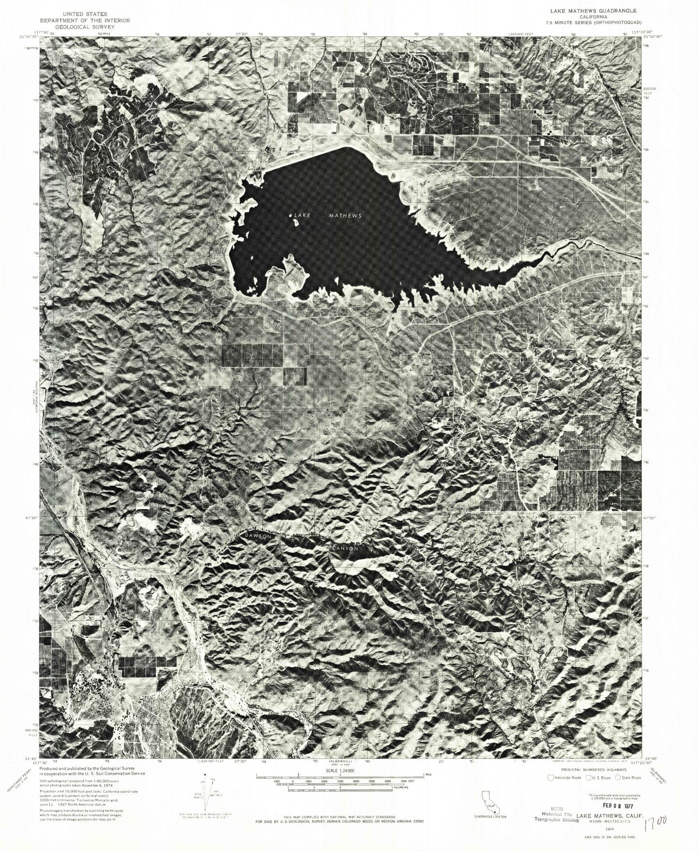 Classic USGS Lake Mathews California 7.5'x7.5' Topo Map Image