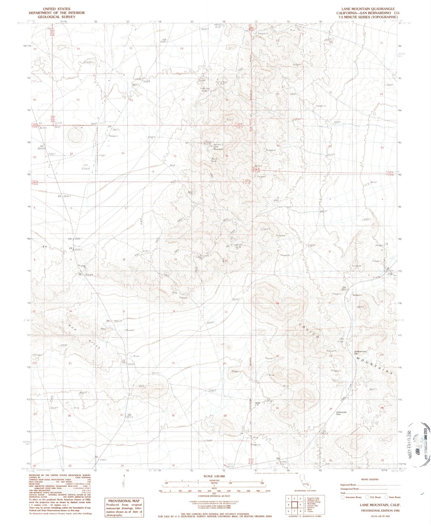 Classic USGS Lane Mountain California 7.5'x7.5' Topo Map Image