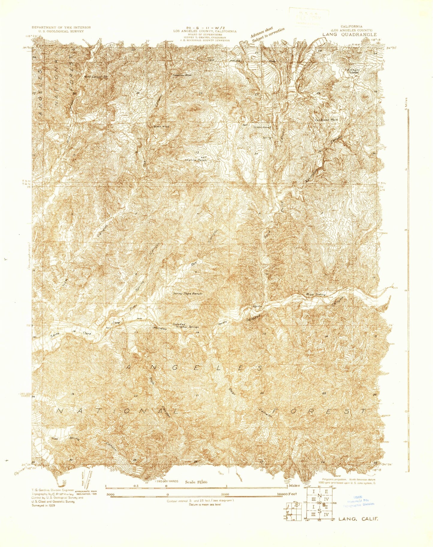 Classic USGS Lang California 7.5'x7.5' Topo Map Image