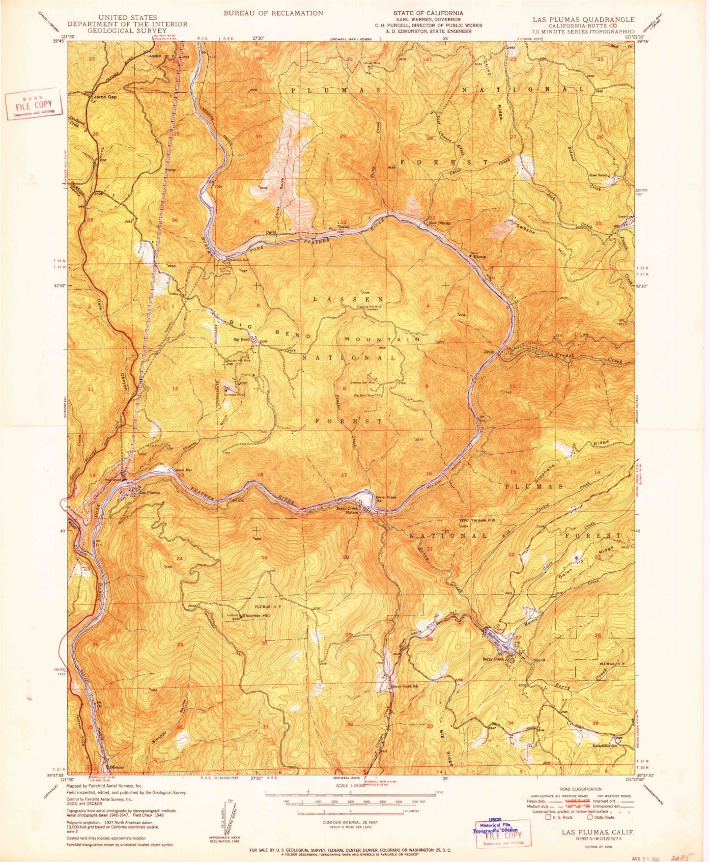Classic USGS Berry Creek California 7.5'x7.5' Topo Map Image