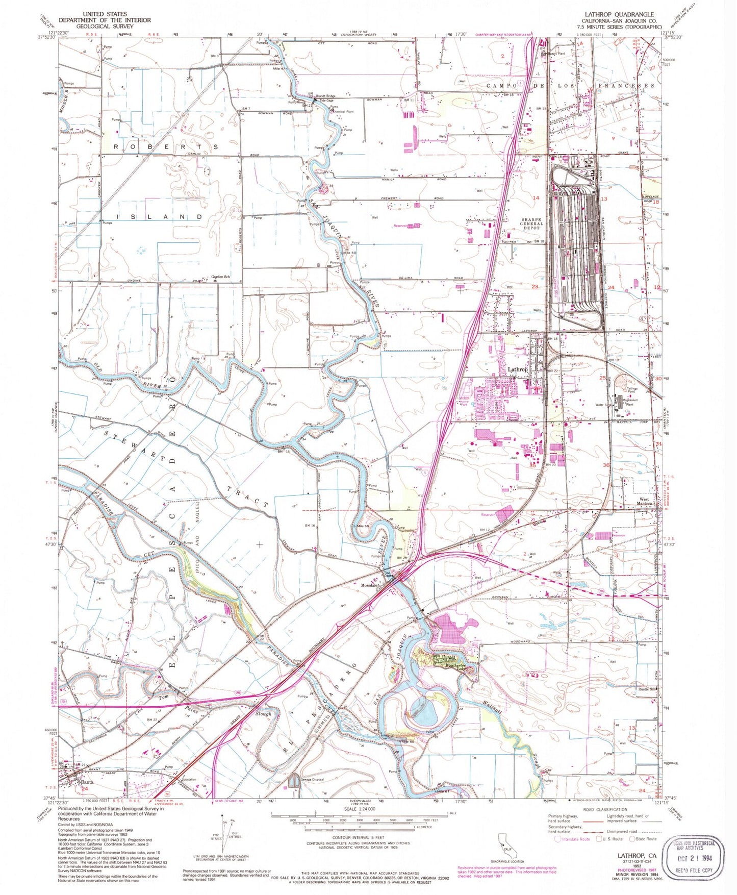 Classic USGS Lathrop California 7.5'x7.5' Topo Map Image