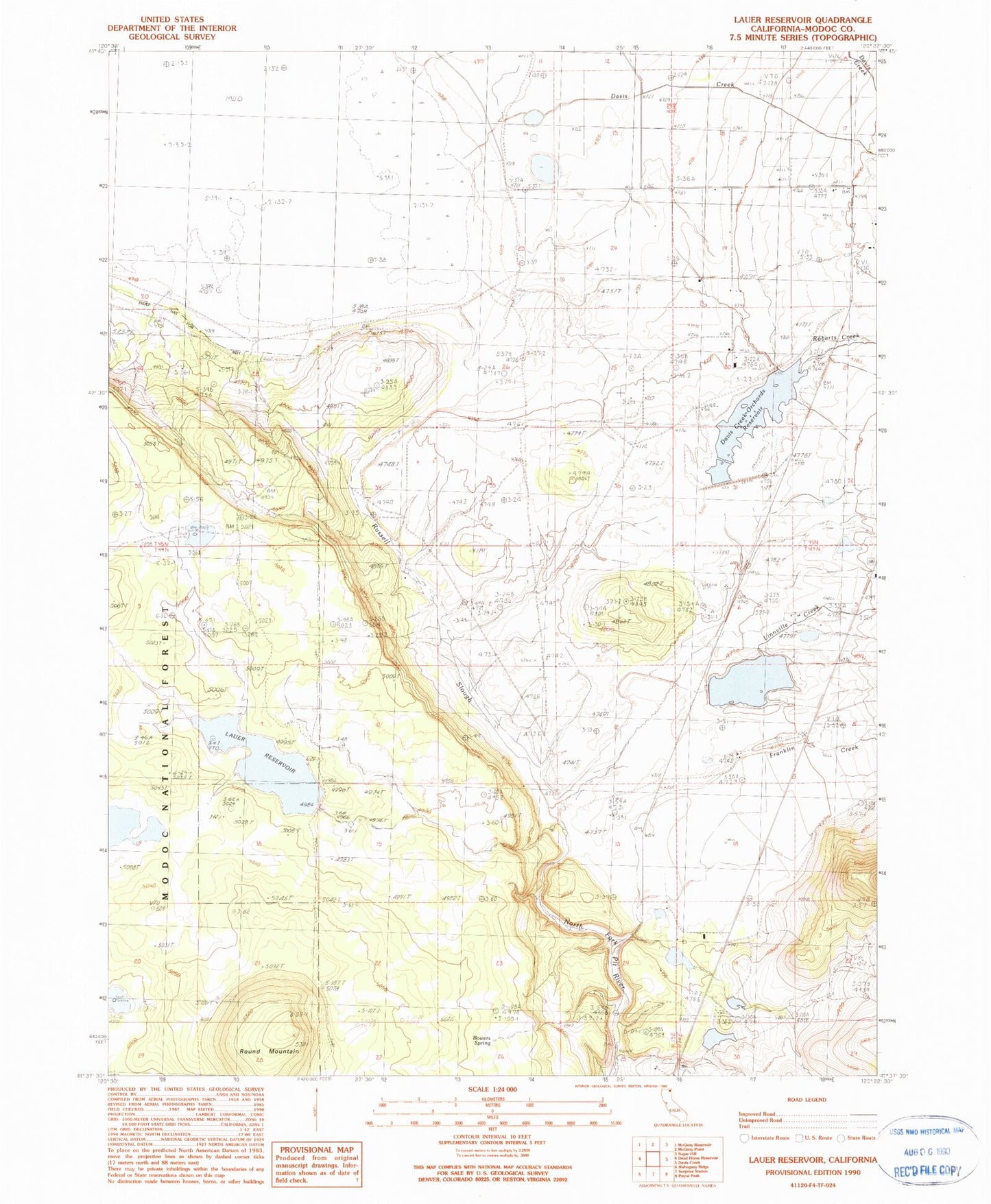 Classic USGS Lauer Reservoir California 7.5'x7.5' Topo Map Image