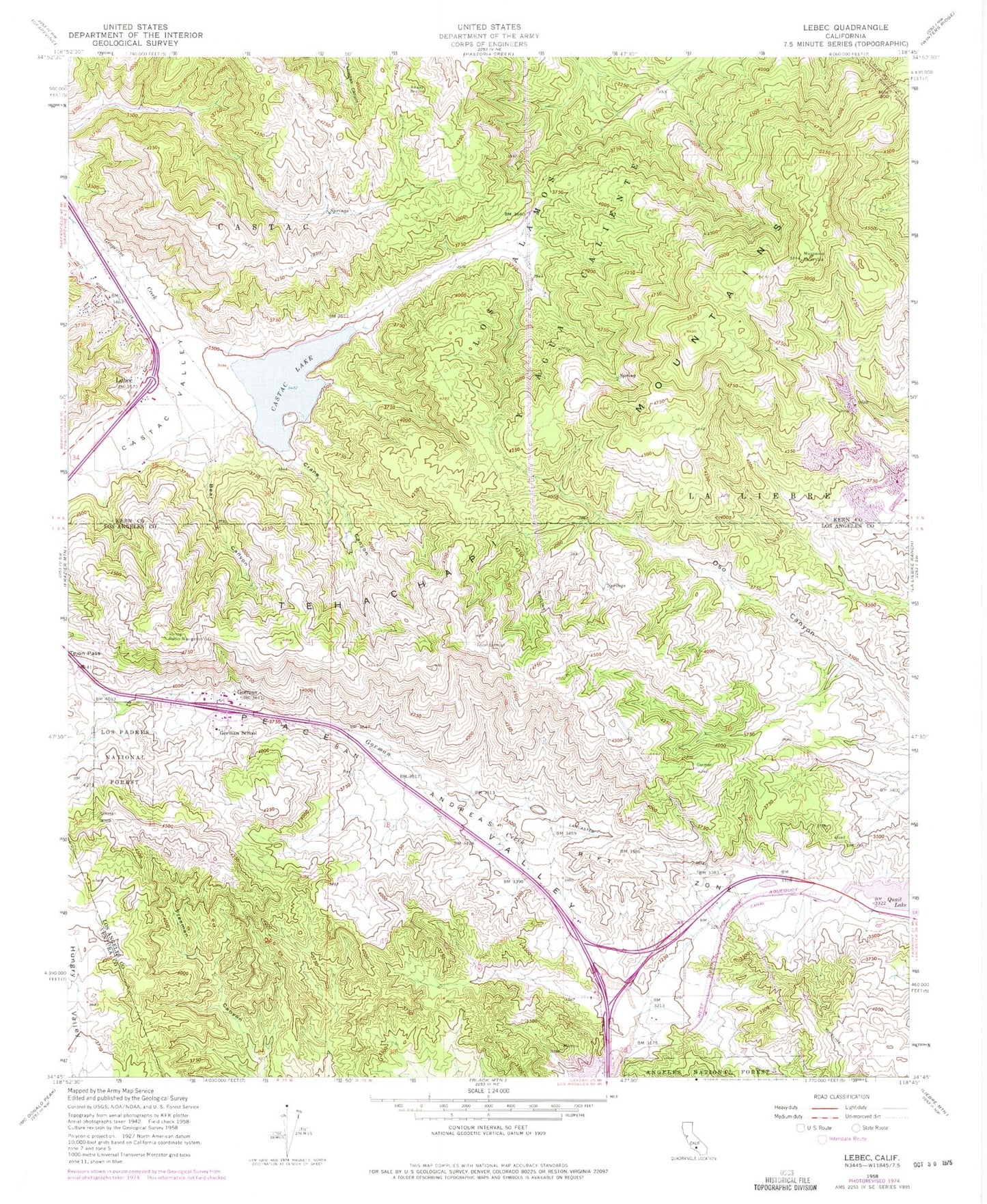 Classic USGS Lebec California 7.5'x7.5' Topo Map Image