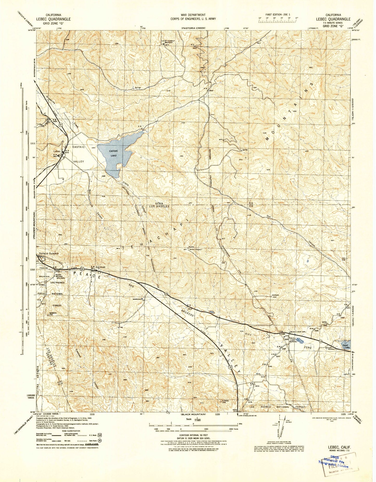 Classic USGS Lebec California 7.5'x7.5' Topo Map Image
