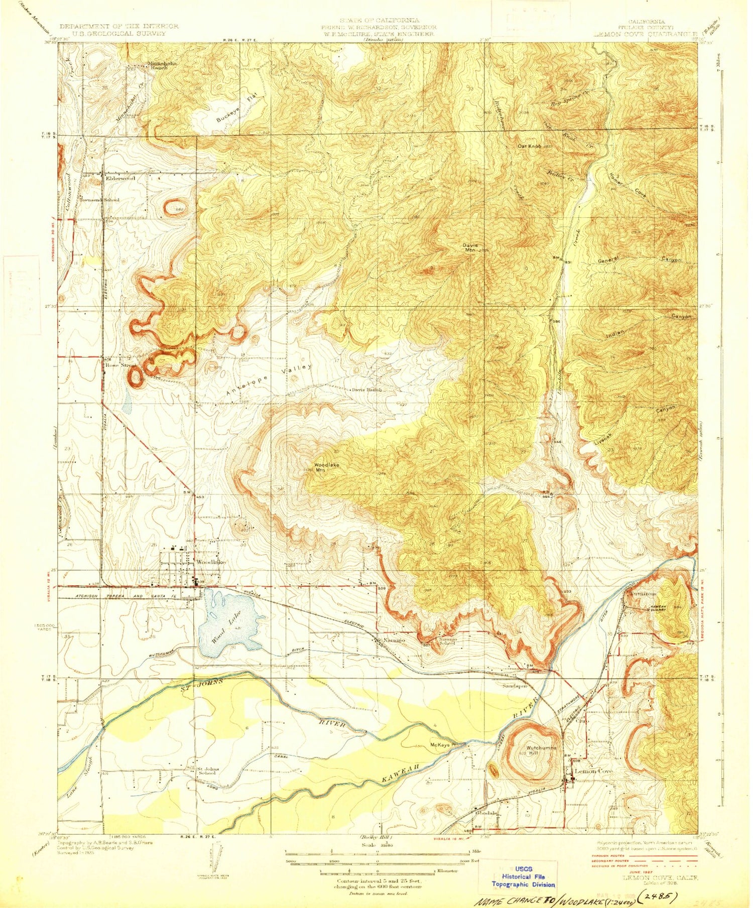 Classic USGS Woodlake California 7.5'x7.5' Topo Map Image