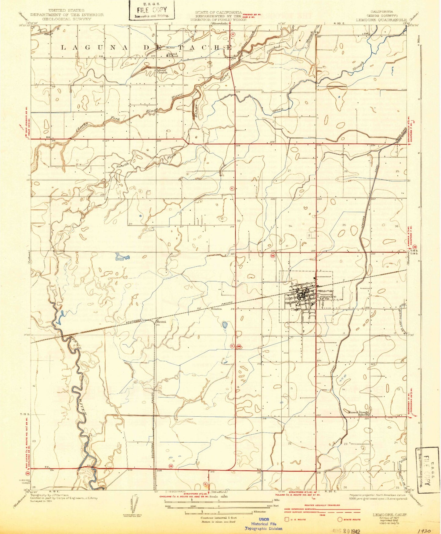 Classic USGS Lemoore California 7.5'x7.5' Topo Map Image
