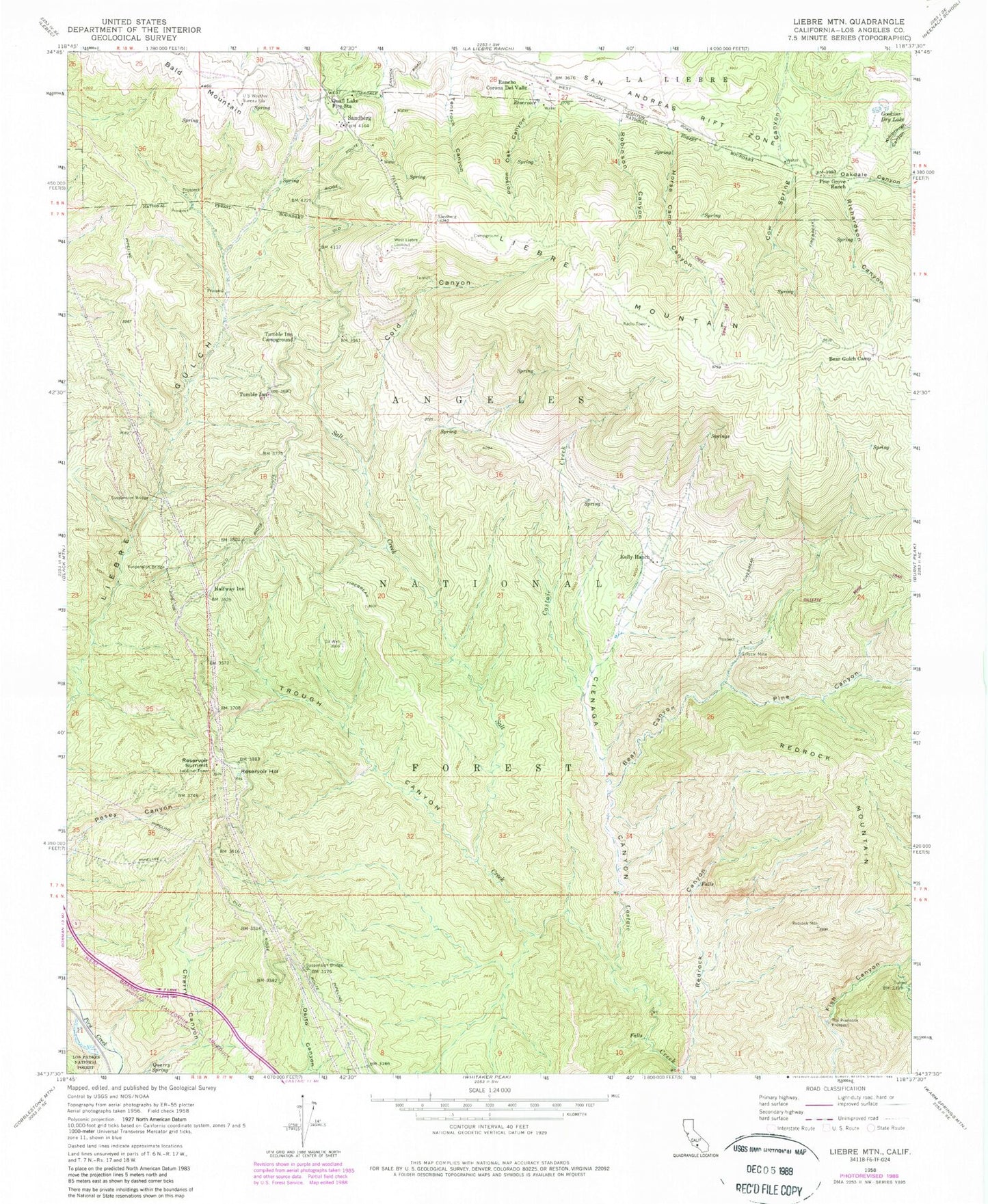 Classic USGS Liebre Mountain California 7.5'x7.5' Topo Map Image