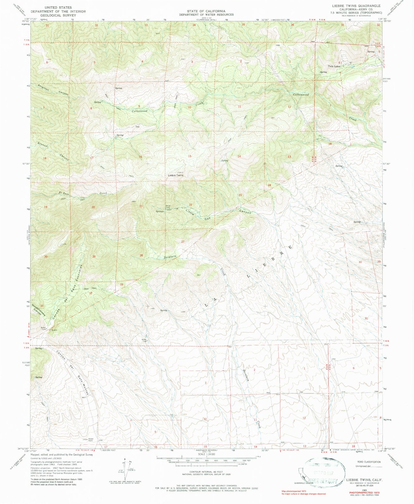 Classic USGS Liebre Twins California 7.5'x7.5' Topo Map Image